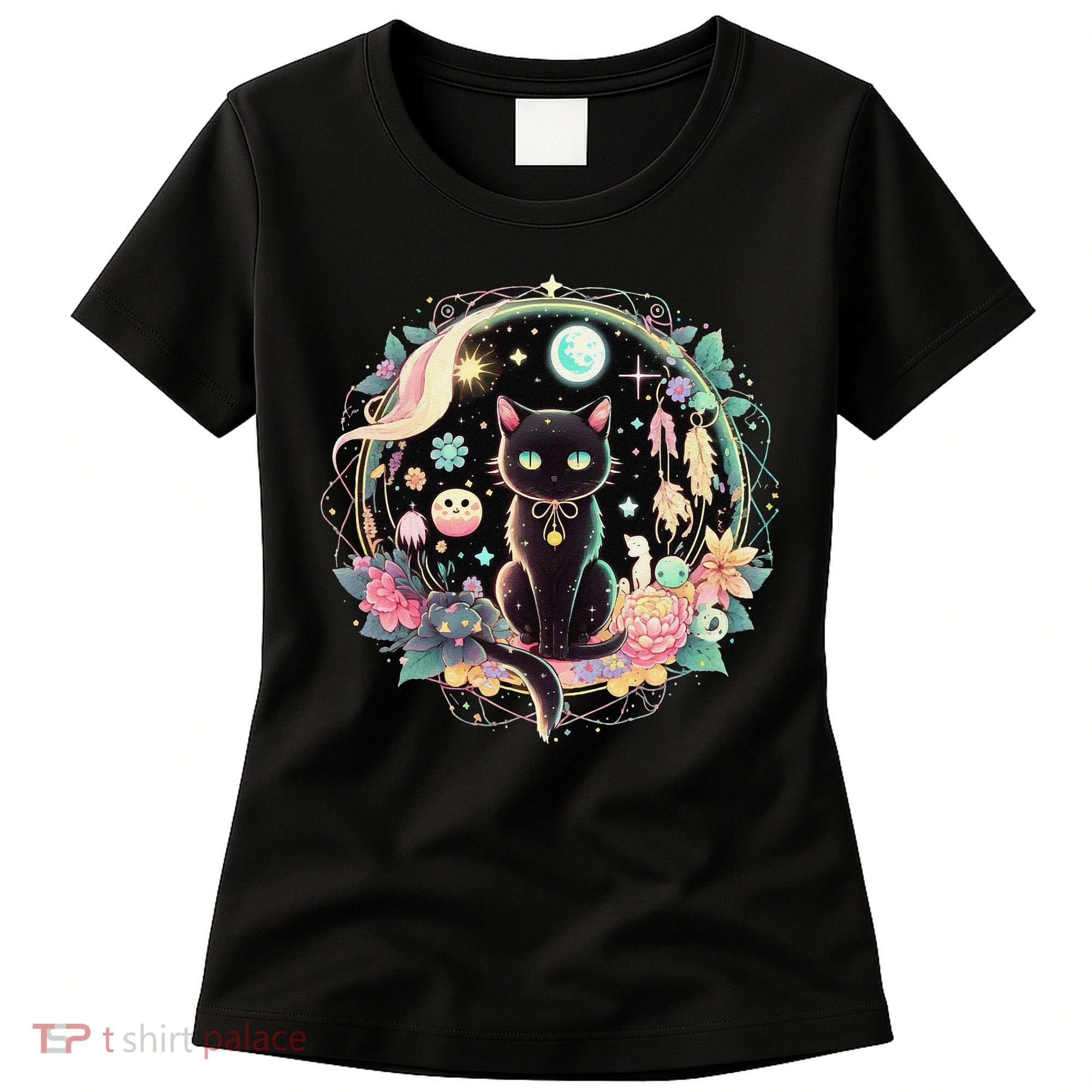 Moon Phases Crystal Witchy Cute Black Cat Kawaii Pastel Goth Women's T-Shirt