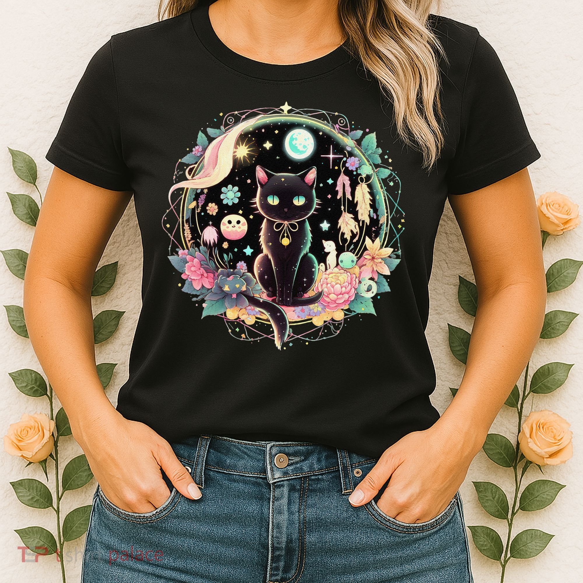 Moon Phases Crystal Witchy Cute Black Cat Kawaii Pastel Goth Women's T-Shirt