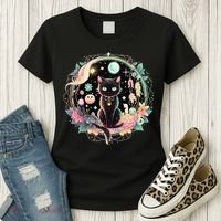 Moon Phases Crystal Witchy Cute Black Cat Kawaii Pastel Goth Women's T-Shirt thumb 3