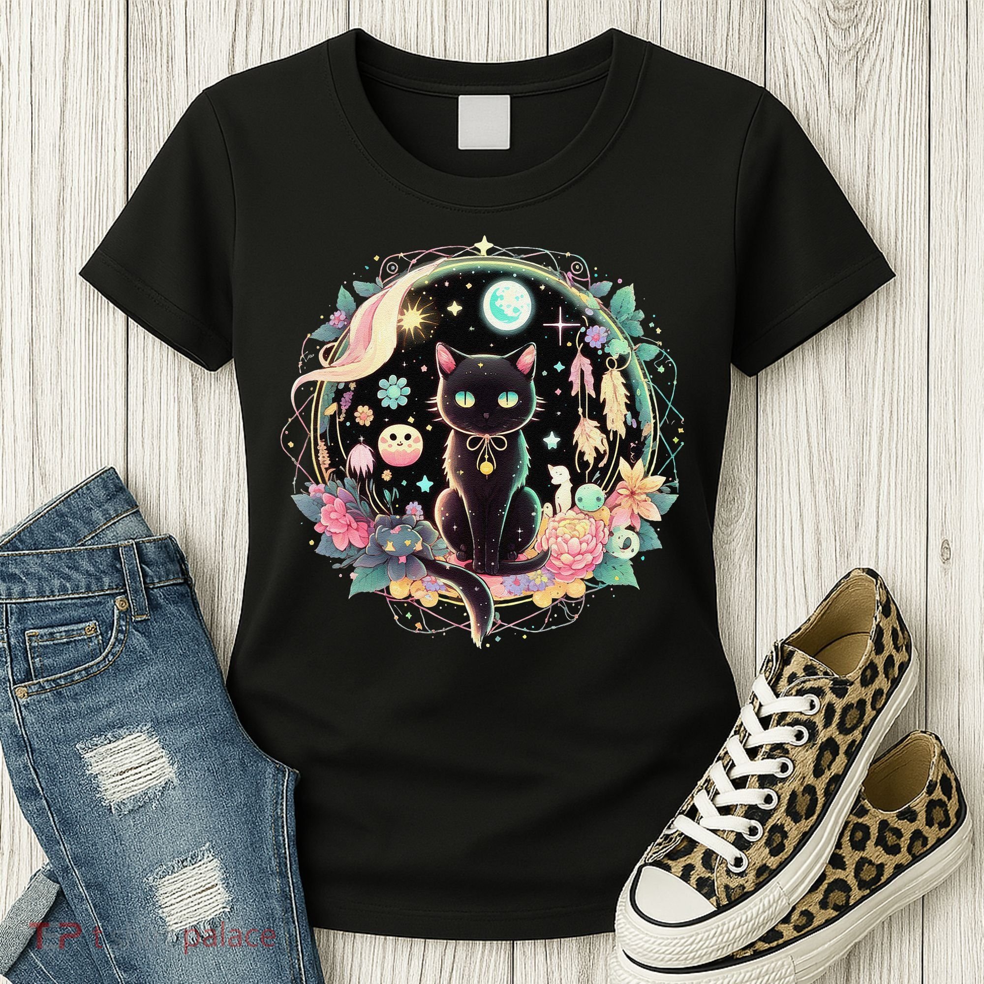 Moon Phases Crystal Witchy Cute Black Cat Kawaii Pastel Goth Women's T-Shirt