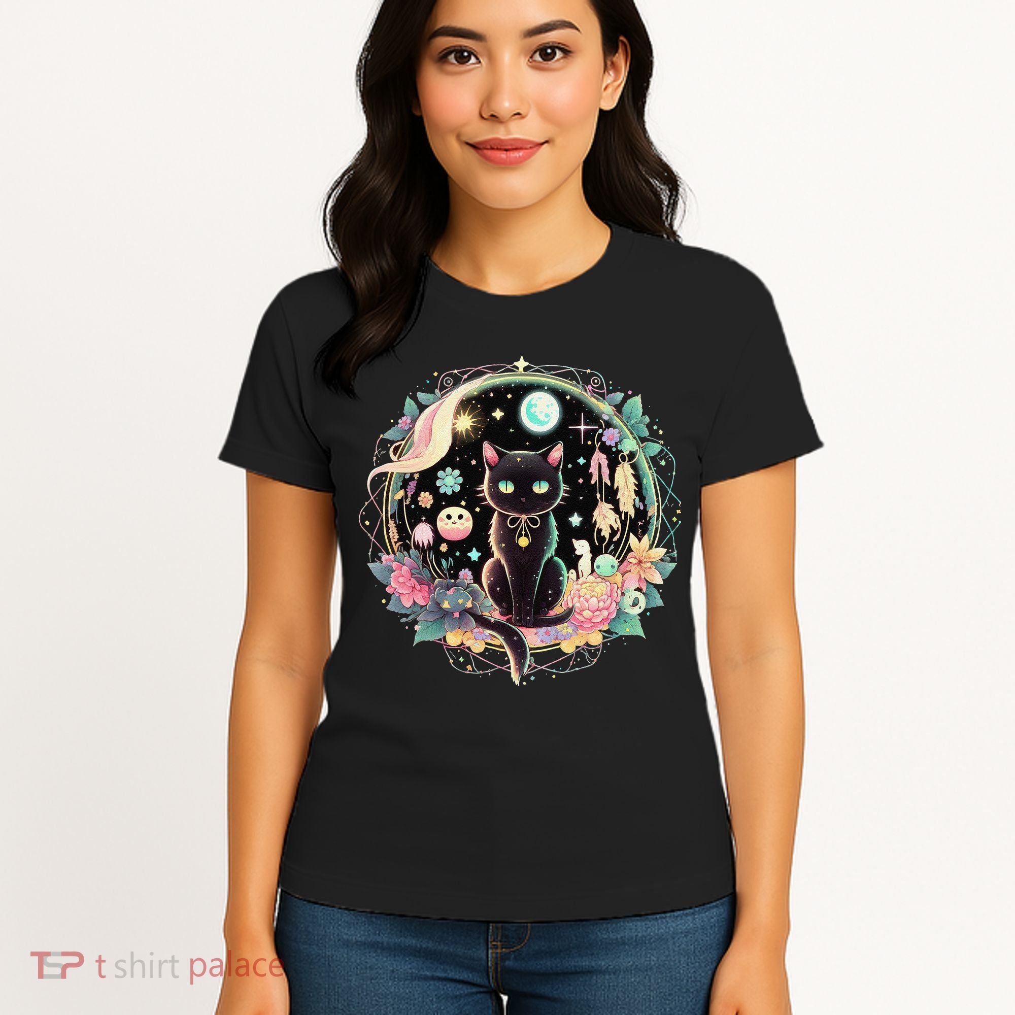 Moon Phases Crystal Witchy Cute Black Cat Kawaii Pastel Goth Women's T-Shirt