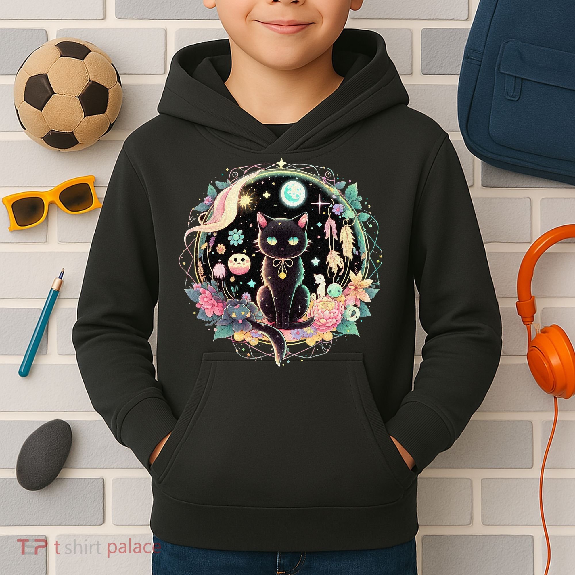 Moon Phases Crystal Witchy Cute Black Cat Kawaii Pastel Goth Kids Hoodie
