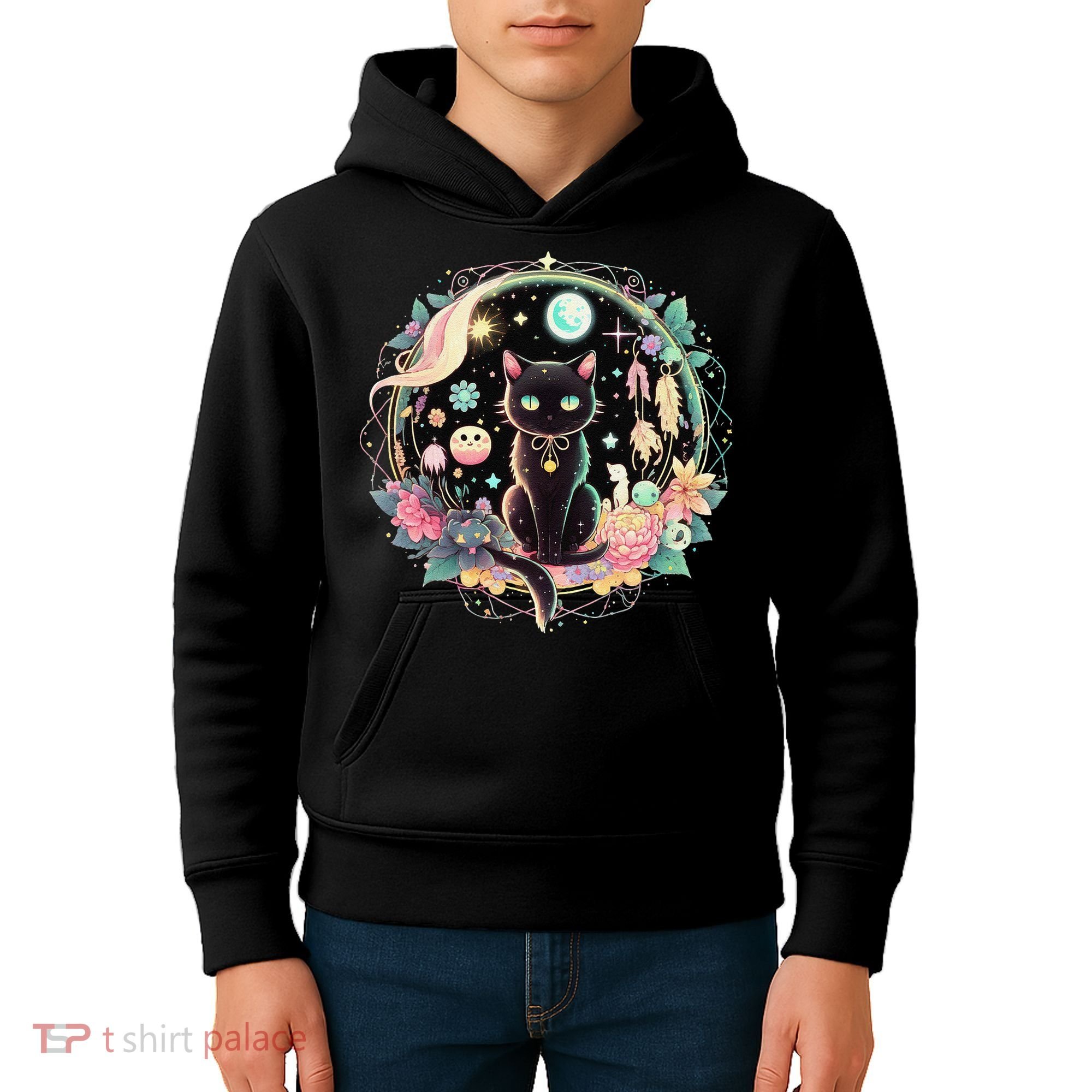Moon Phases Crystal Witchy Cute Black Cat Kawaii Pastel Goth Kids Hoodie