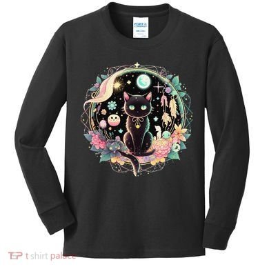 Moon Phases Crystal Witchy Cute Black Cat Kawaii Pastel Goth Kids Long Sleeve Shirt