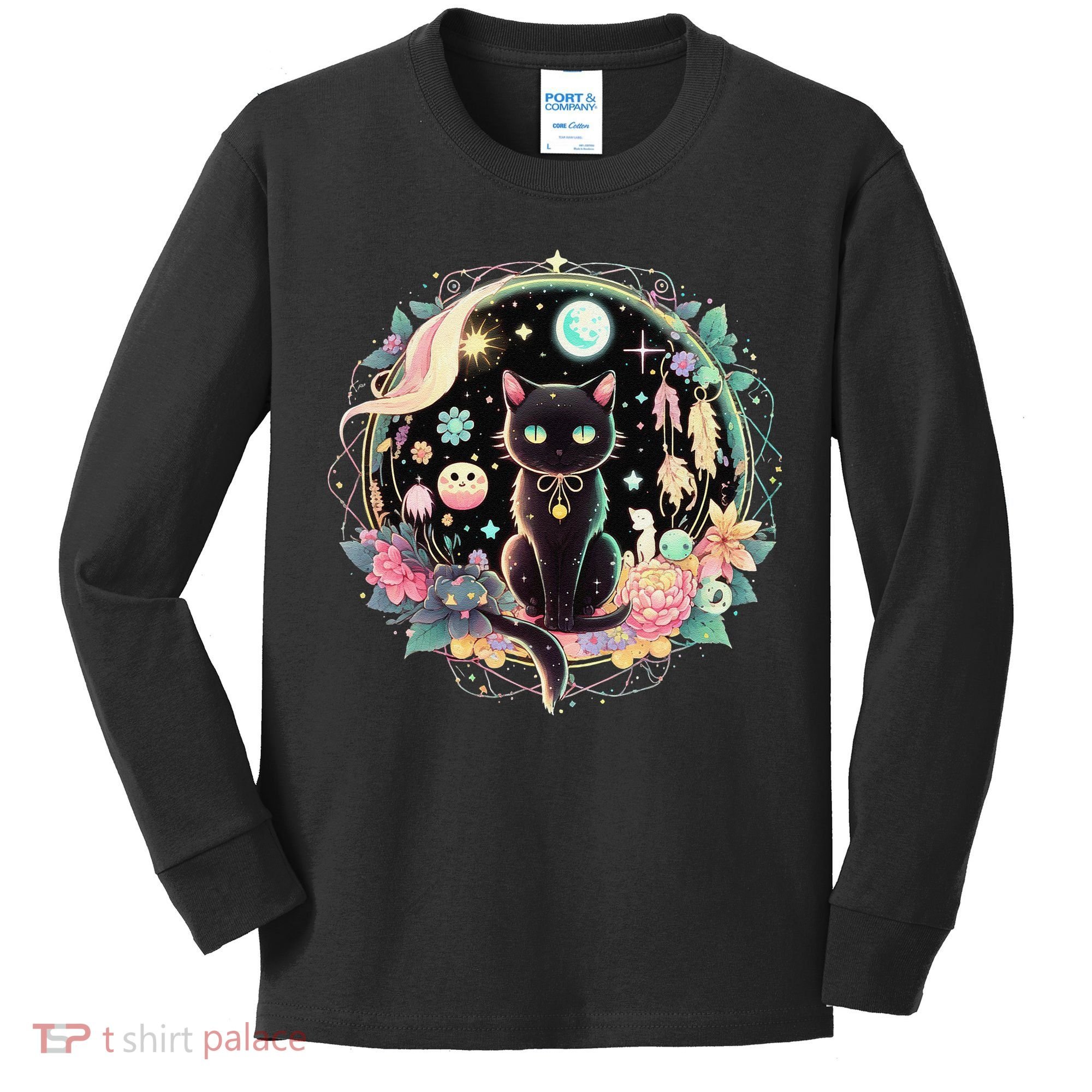 Moon Phases Crystal Witchy Cute Black Cat Kawaii Pastel Goth Kids Long Sleeve Shirt