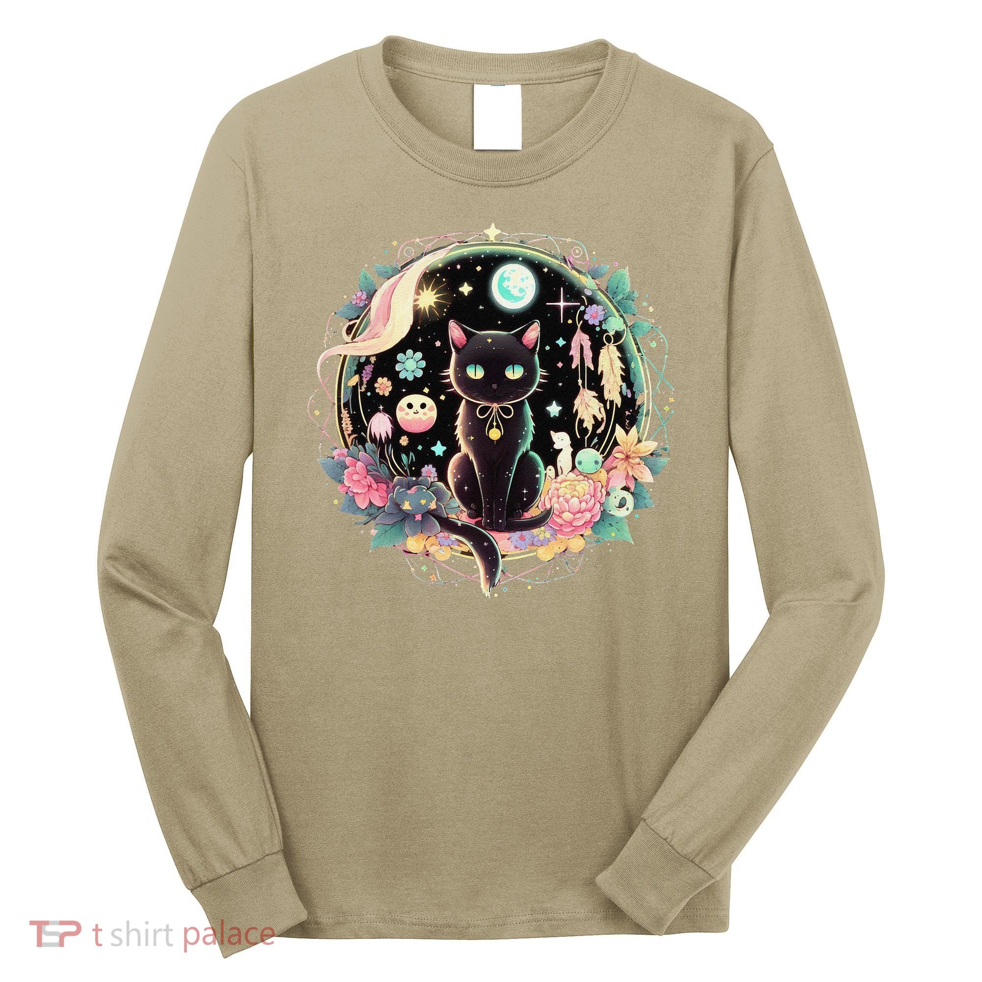 Moon Phases Crystal Witchy Cute Black Cat Kawaii Pastel Goth Long Sleeve Shirt