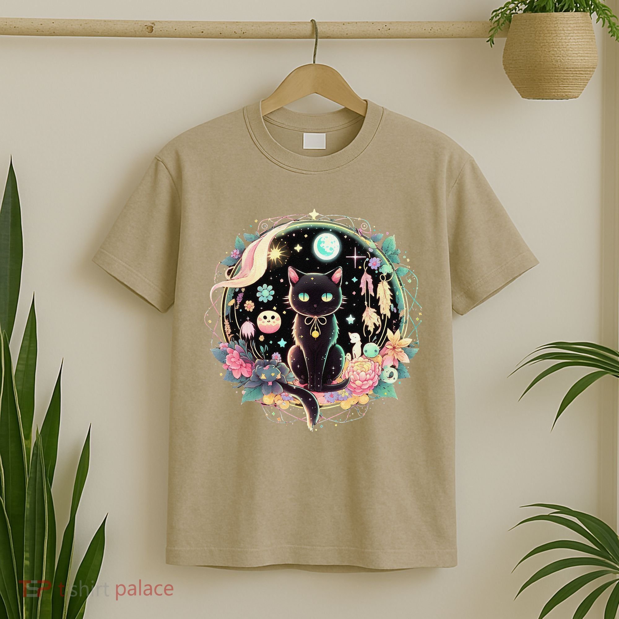 Moon Phases Crystal Witchy Cute Black Cat Kawaii Pastel Goth T-Shirt