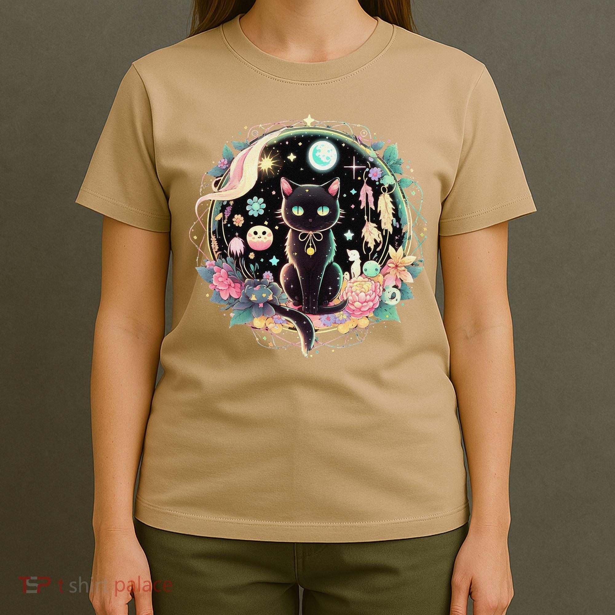 Moon Phases Crystal Witchy Cute Black Cat Kawaii Pastel Goth T-Shirt