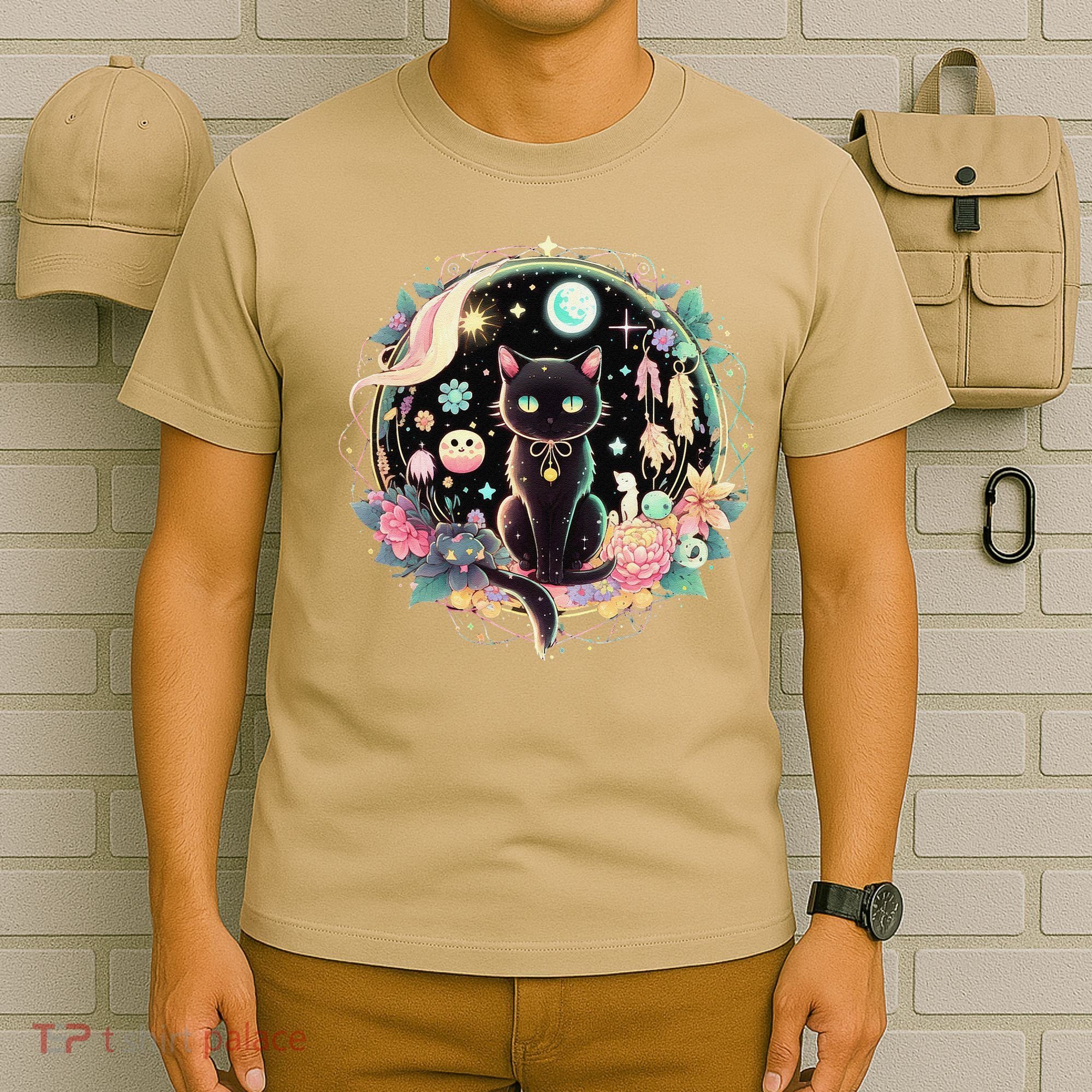 Moon Phases Crystal Witchy Cute Black Cat Kawaii Pastel Goth T-Shirt