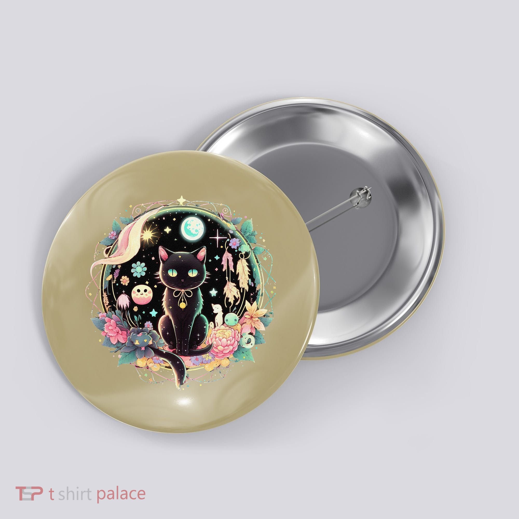 Moon Phases Crystal Witchy Cute Black Cat Kawaii Pastel Goth Button