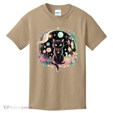 Moon Phases Crystal Witchy Cute Black Cat Kawaii Pastel Goth Kids T-Shirt
