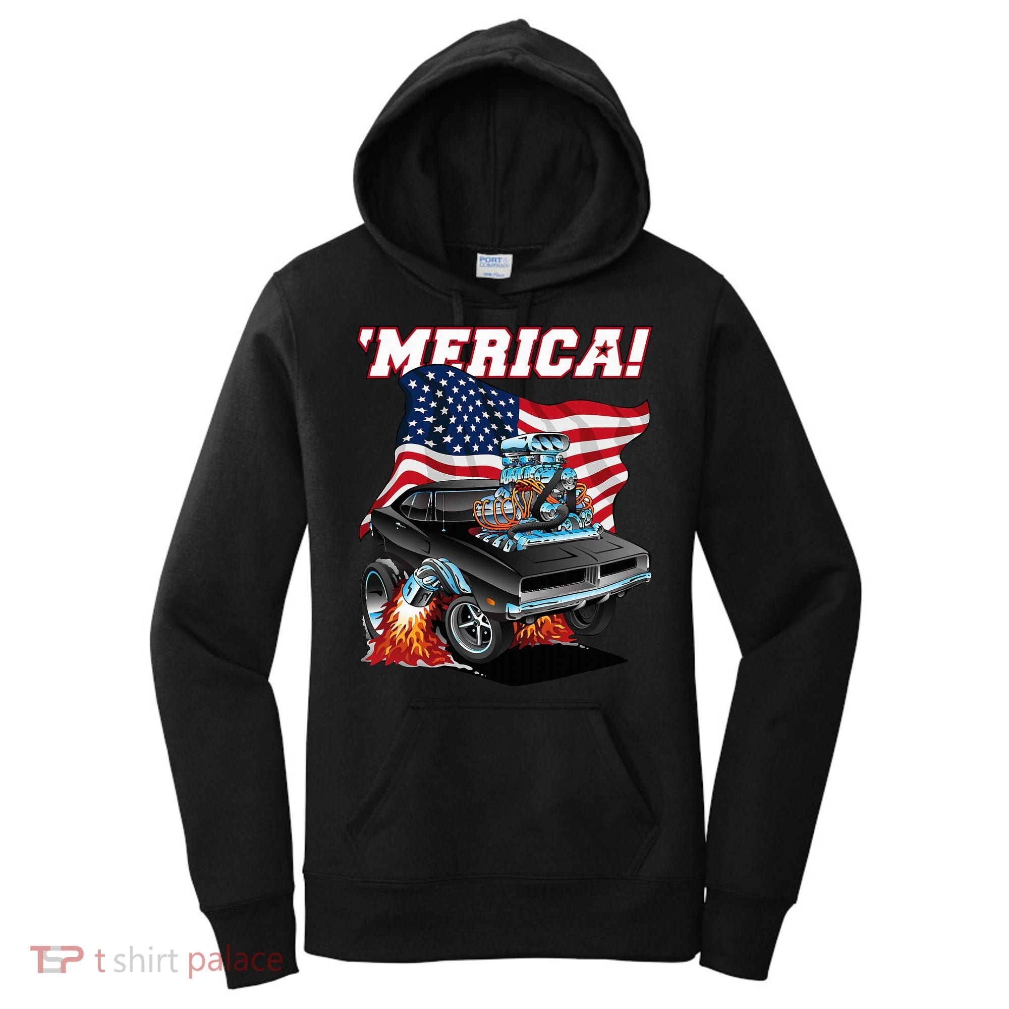 Merica Patriotic Classic Hotrod Muscle Car Usa Flag Cartoon Women's Hoodie