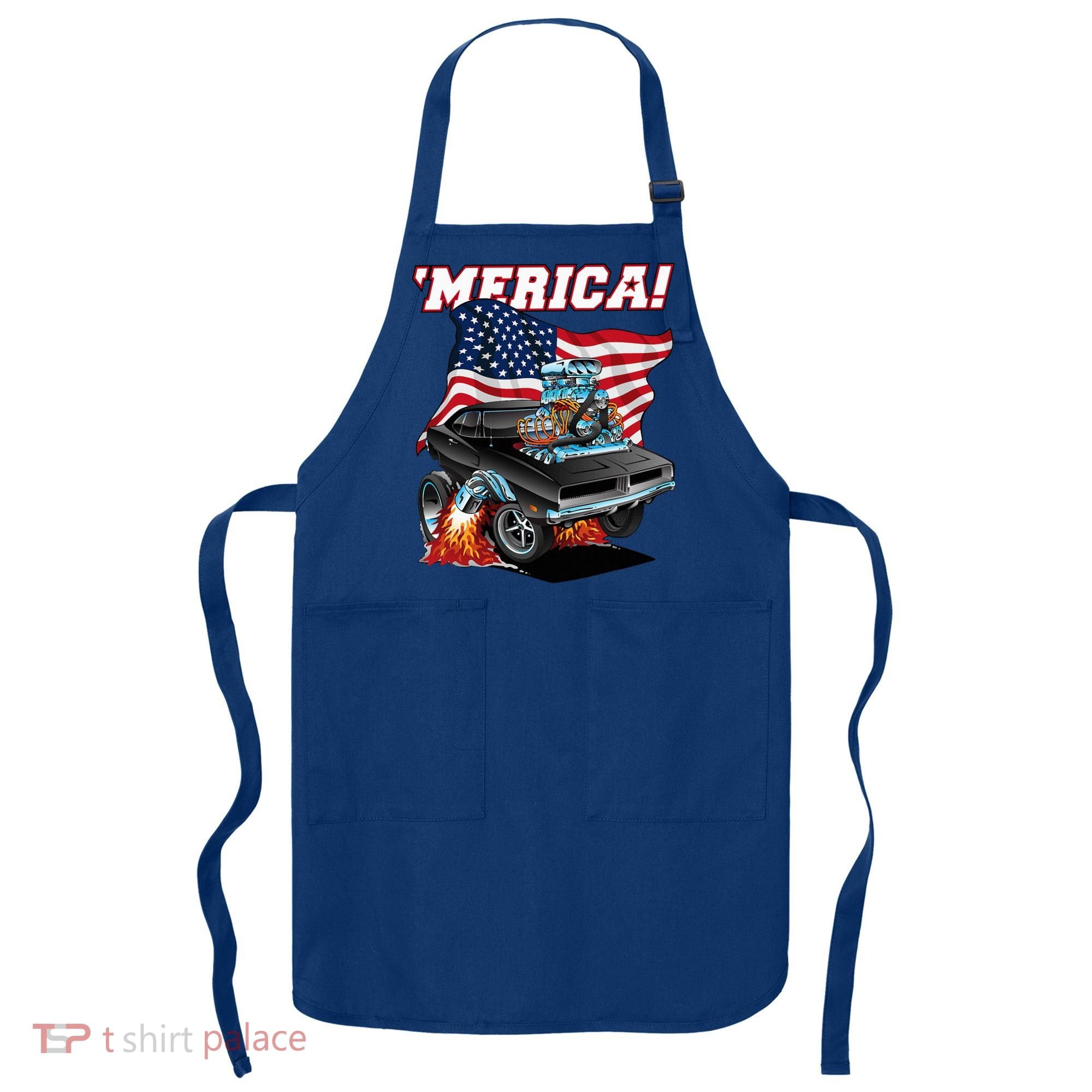 Merica Patriotic Classic Hotrod Muscle Car Usa Flag Cartoon Apron
