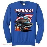 Merica Patriotic Classic Hotrod Muscle Car Usa Flag Cartoon Sweatshirt thumb 0