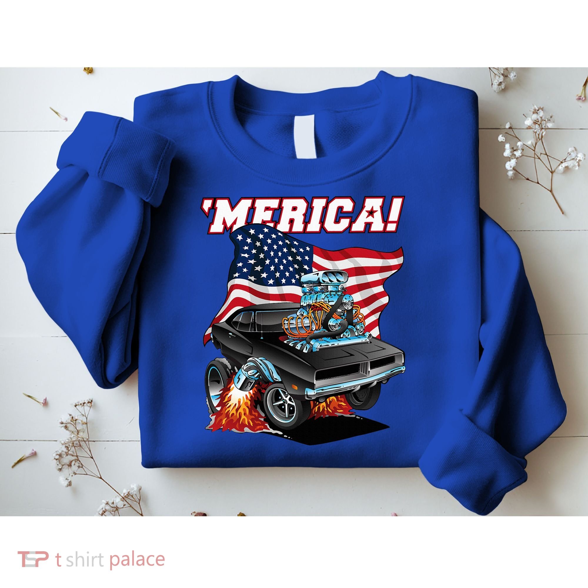 Merica Patriotic Classic Hotrod Muscle Car Usa Flag Cartoon Sweatshirt