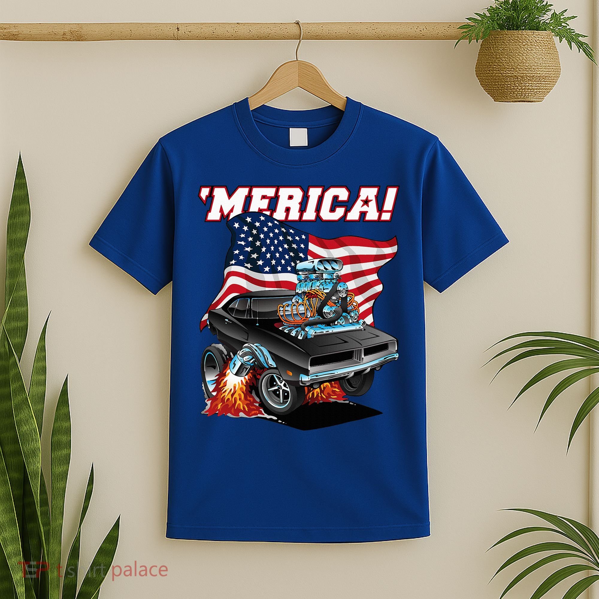 Merica Patriotic Classic Hotrod Muscle Car Usa Flag Cartoon T-Shirt