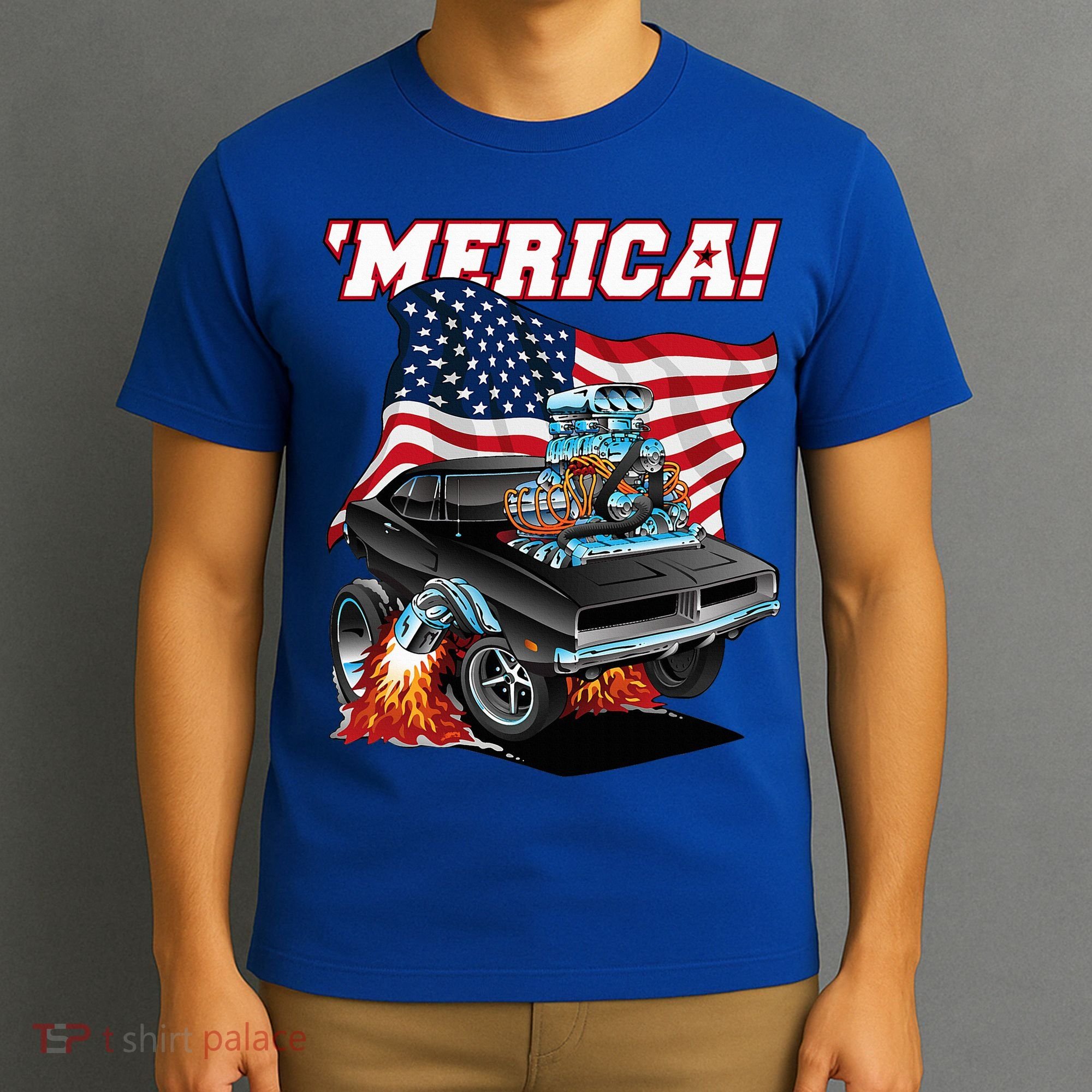 Merica Patriotic Classic Hotrod Muscle Car Usa Flag Cartoon T-Shirt