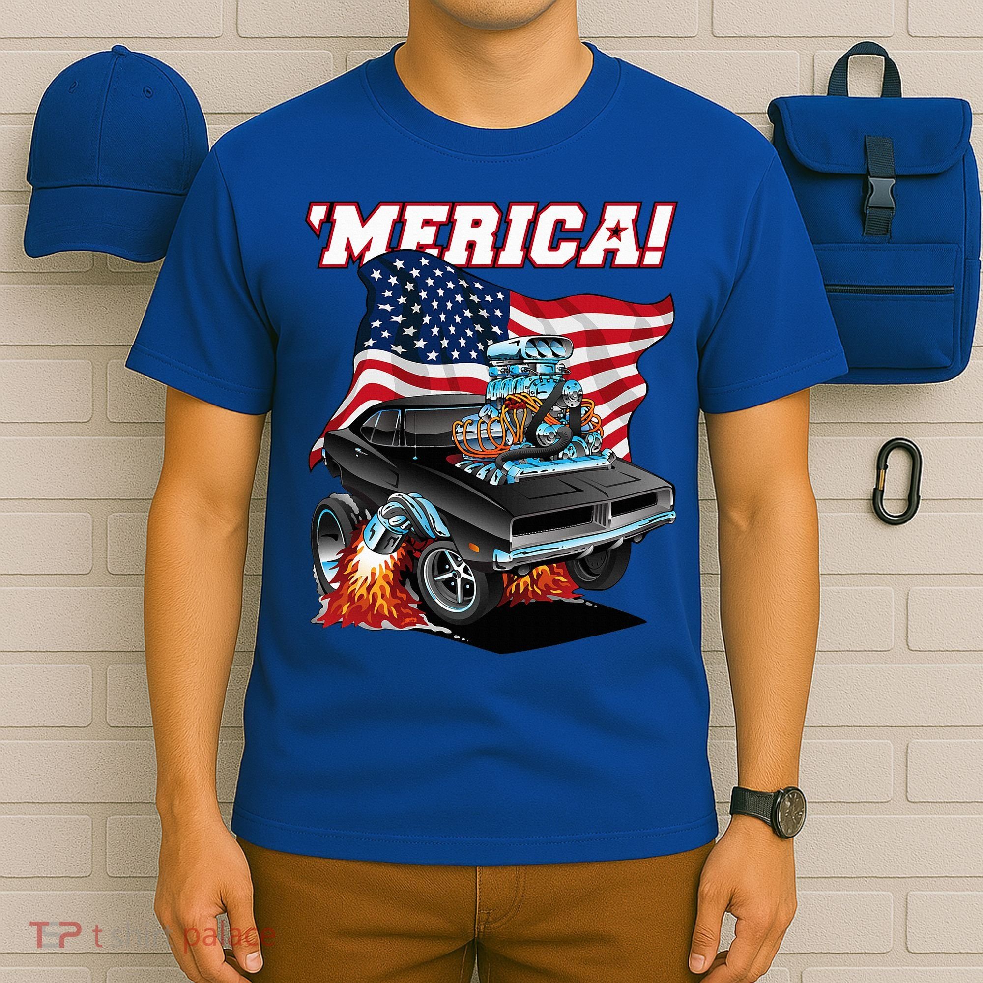 Merica Patriotic Classic Hotrod Muscle Car Usa Flag Cartoon T-Shirt