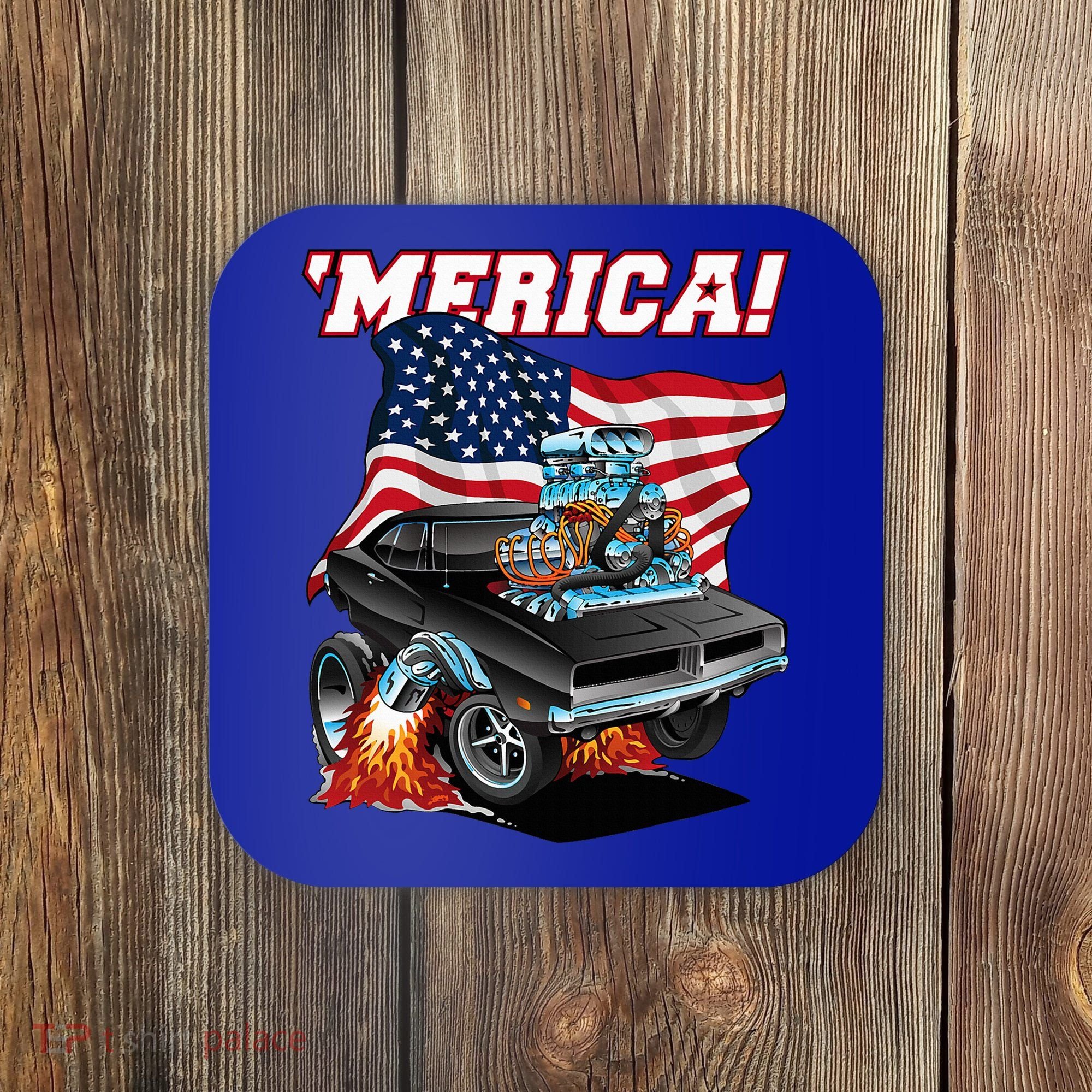 Merica Patriotic Classic Hotrod Muscle Car Usa Flag Cartoon Coaster
