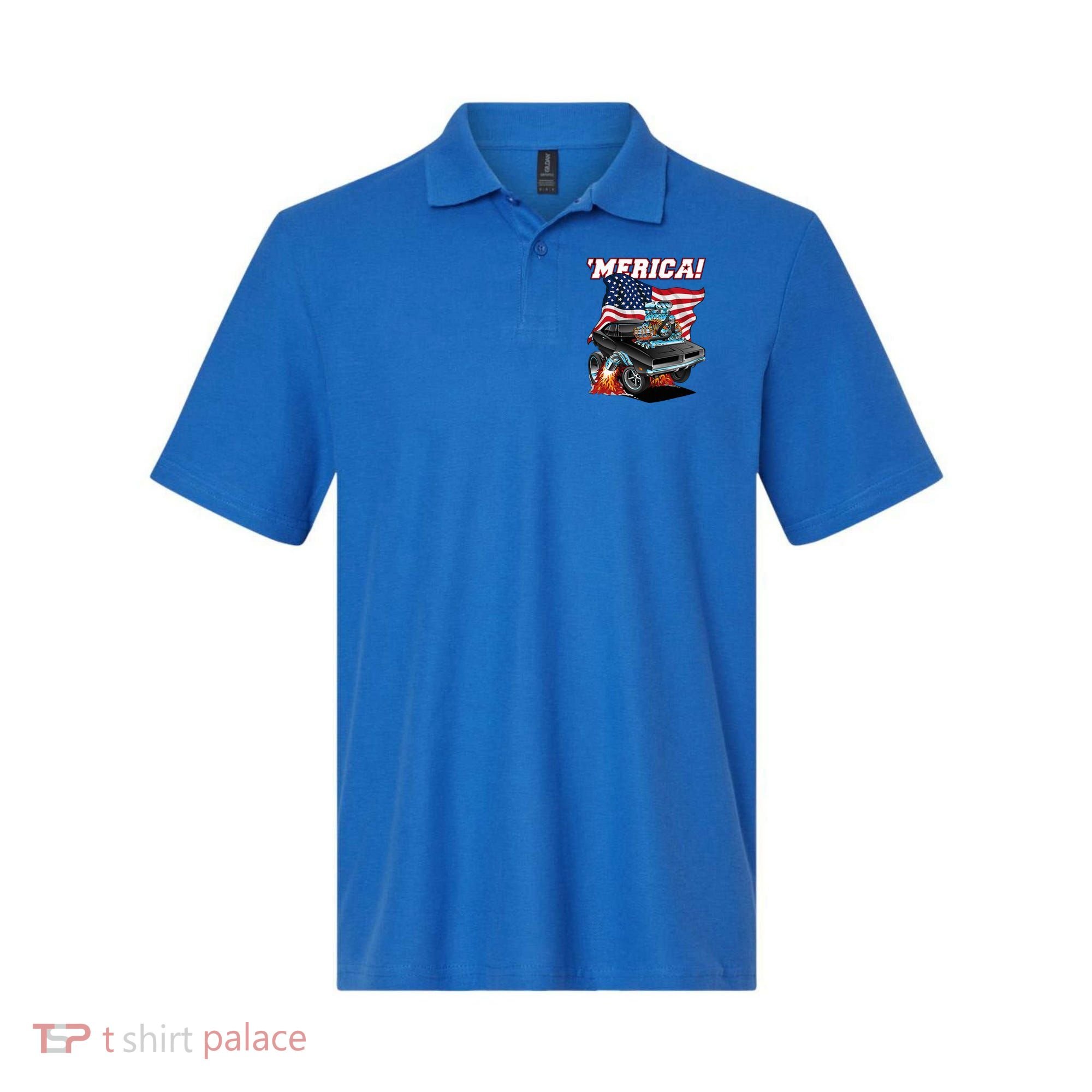 Merica Patriotic Classic Hotrod Muscle Car Usa Flag Cartoon Polo