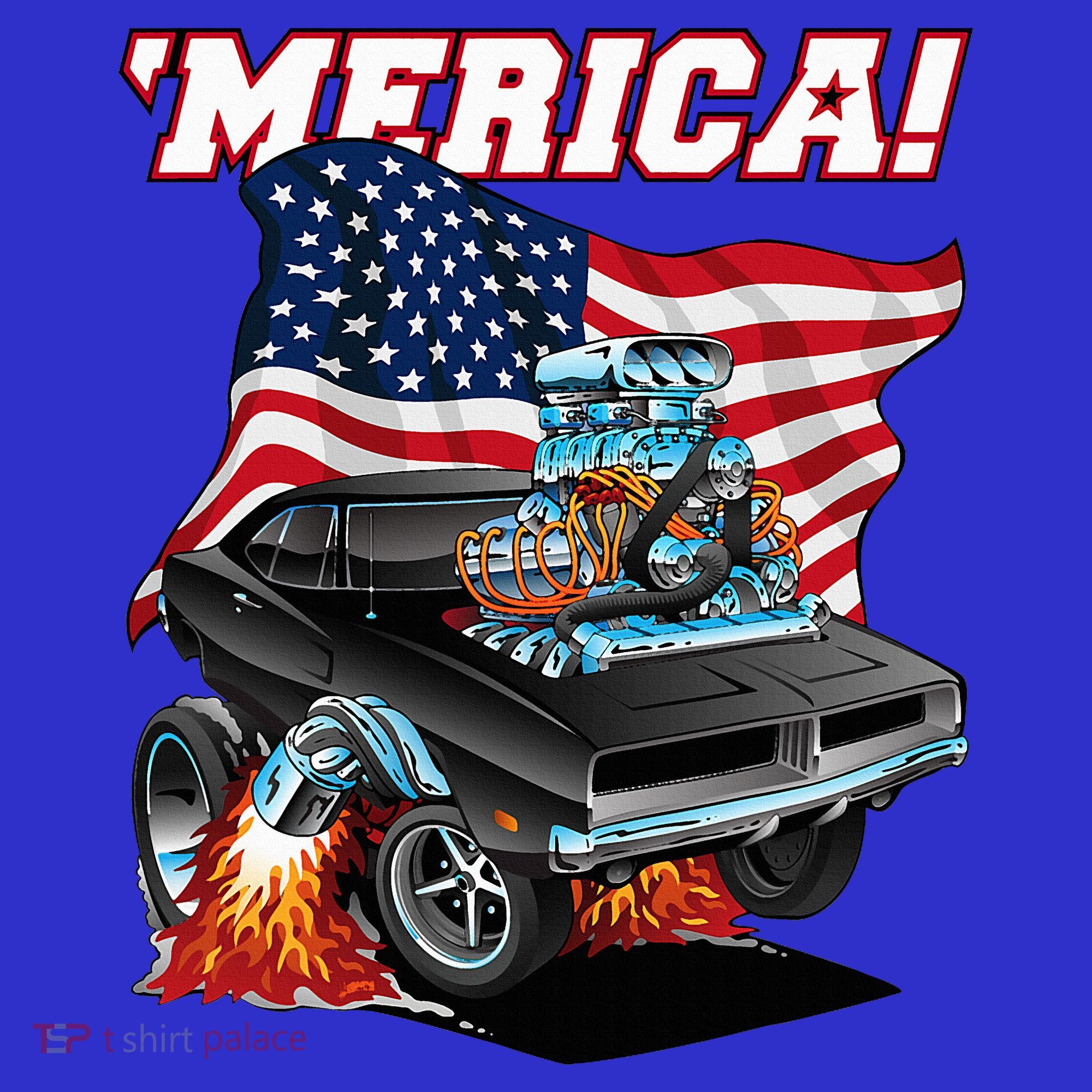 Merica Patriotic Classic Hotrod Muscle Car Usa Flag Cartoon Polo