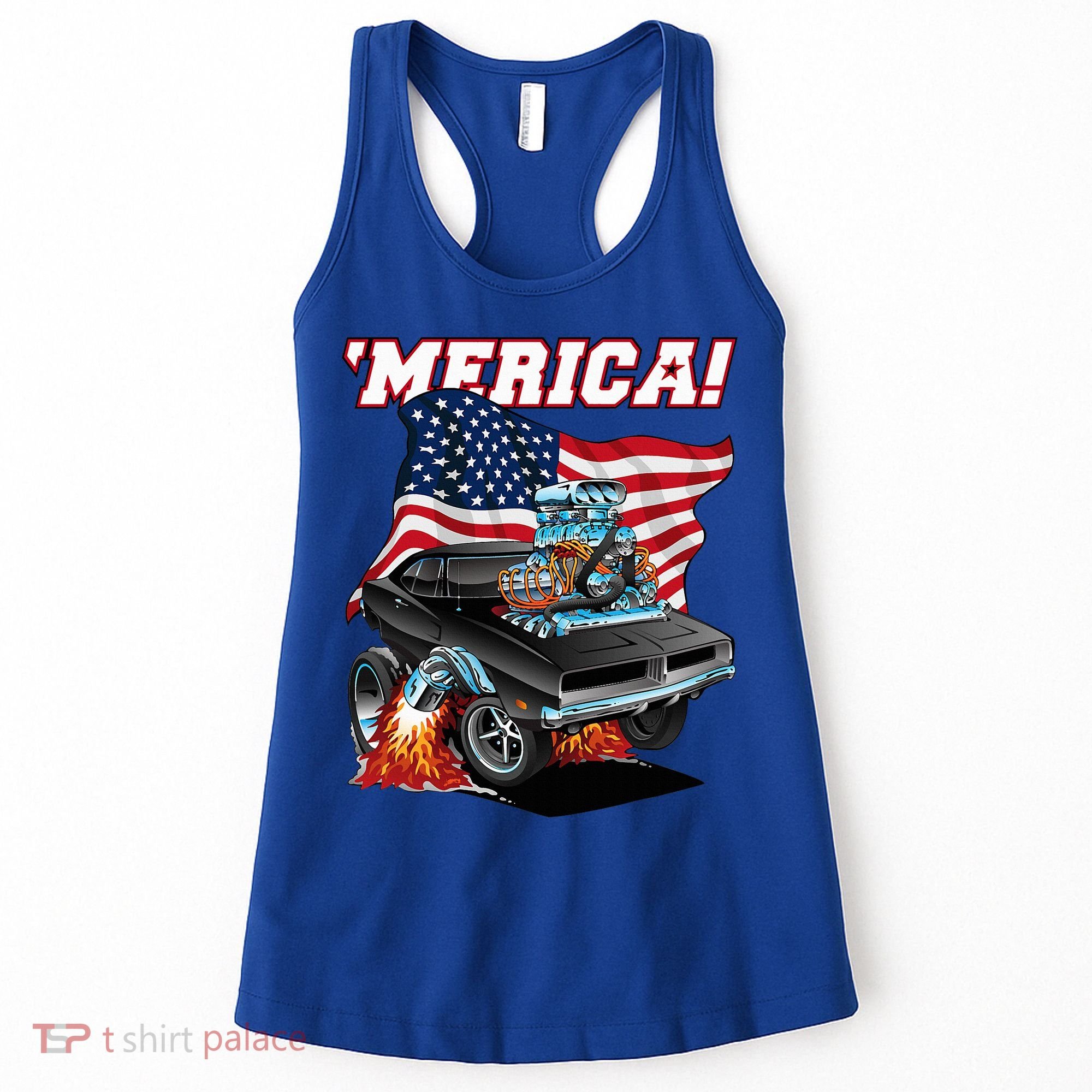 Merica Patriotic Classic Hotrod Muscle Car Usa Flag Cartoon Women's Tank Top