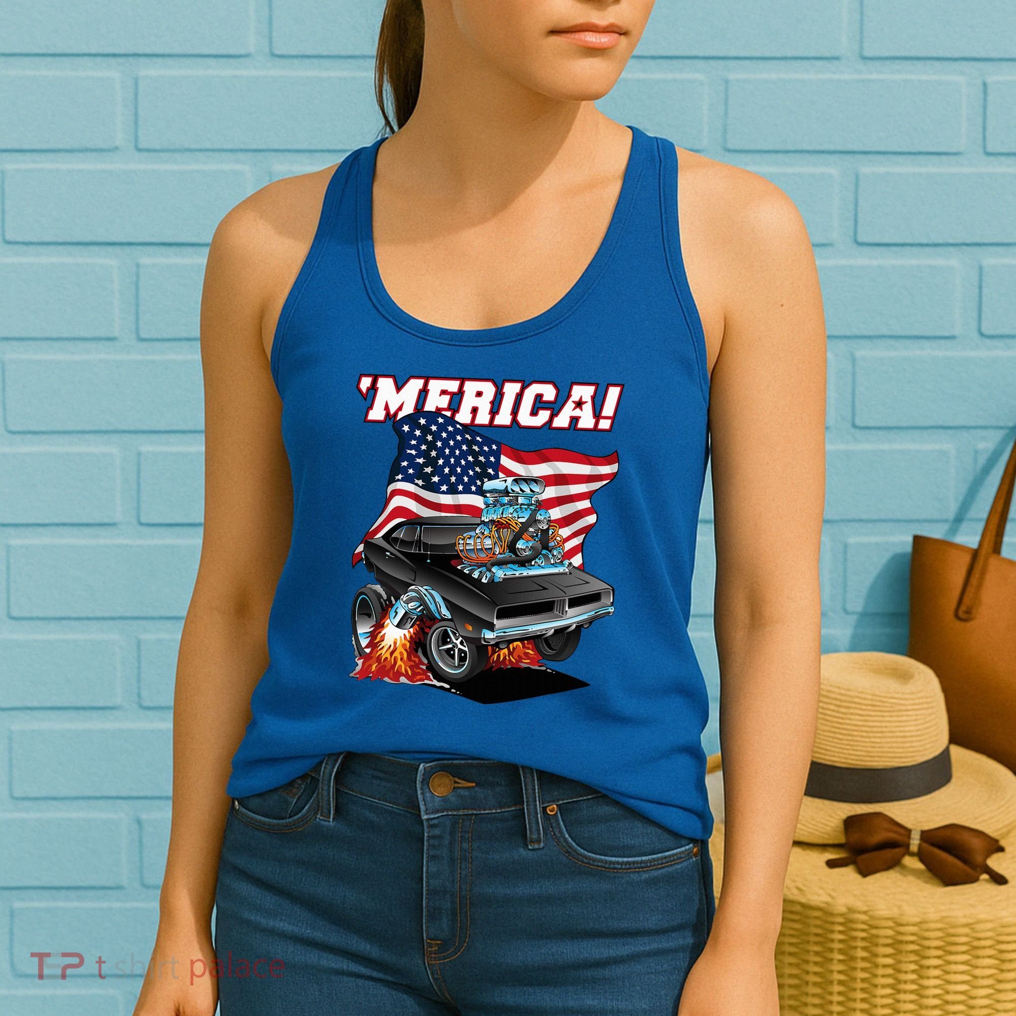 Merica Patriotic Classic Hotrod Muscle Car Usa Flag Cartoon Women's Tank Top