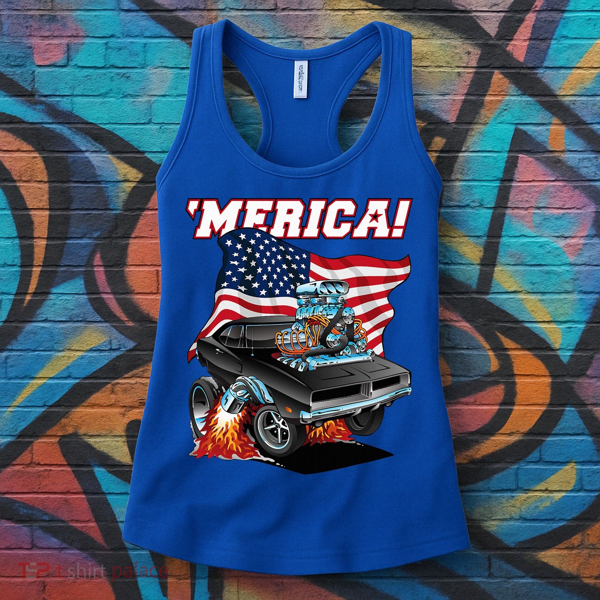 Merica Patriotic Classic Hotrod Muscle Car Usa Flag Cartoon Women's Tank Top