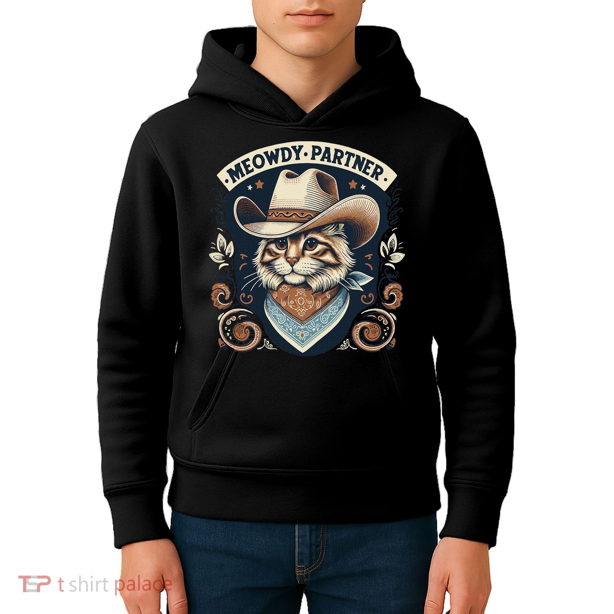 Meowdy Partner Cat Cowboy Hat Howdy Funny Country Western Kids Hoodie