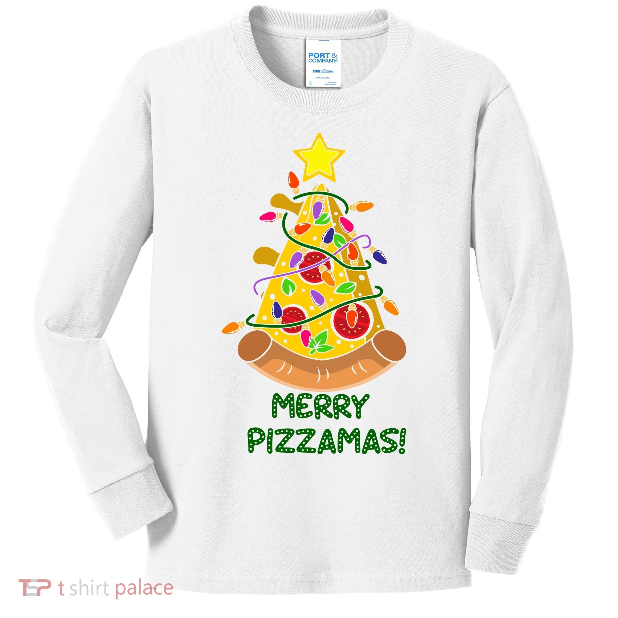 Merry Pizzamas Christmas Pizza Lover Gift Kids Long Sleeve Shirt