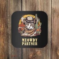 Meowdy Partner Cat Funny Howdy Meme Wild West Cowboy Hat Coaster thumb 0