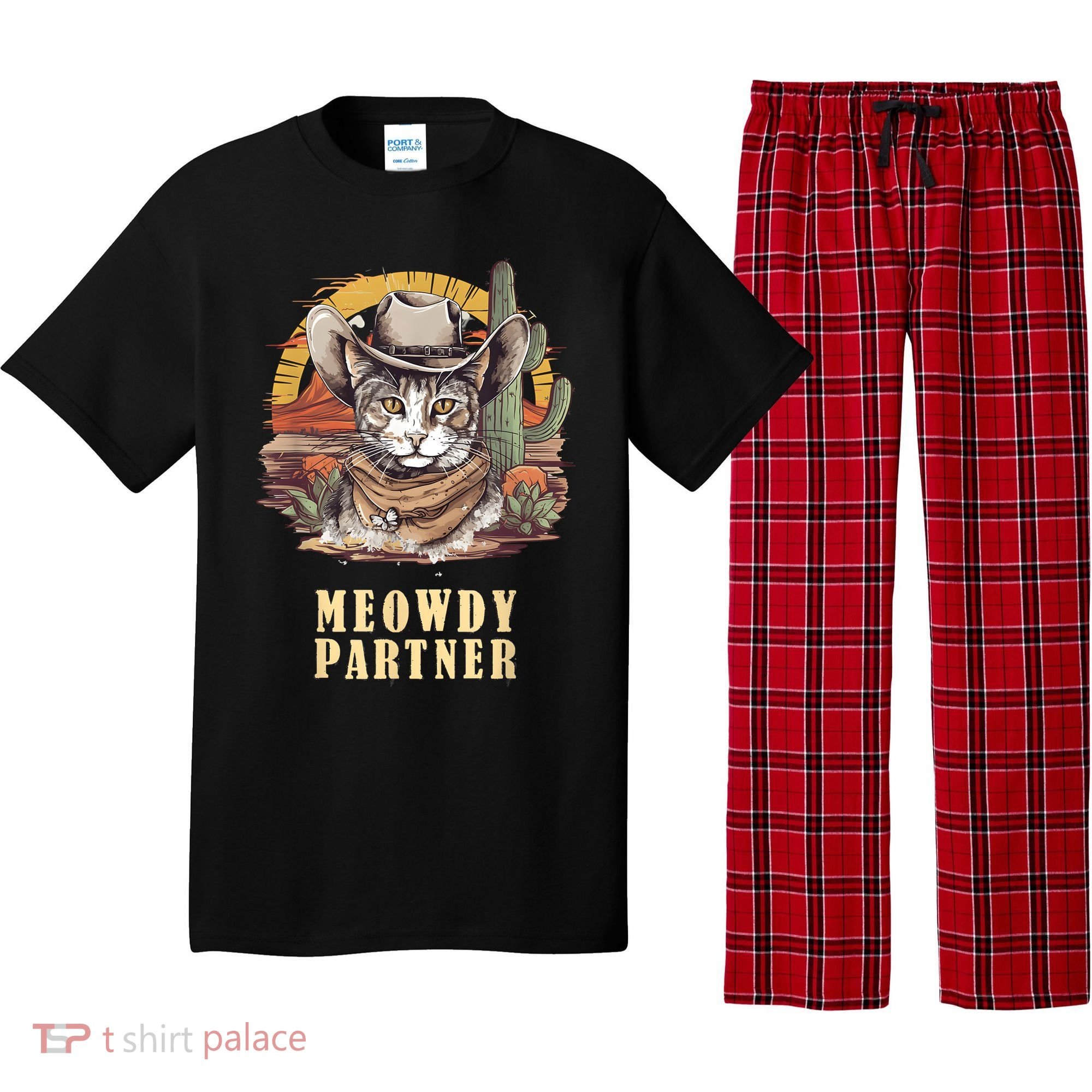 Meowdy Partner Cat Funny Howdy Meme Wild West Cowboy Hat Pajama Set
