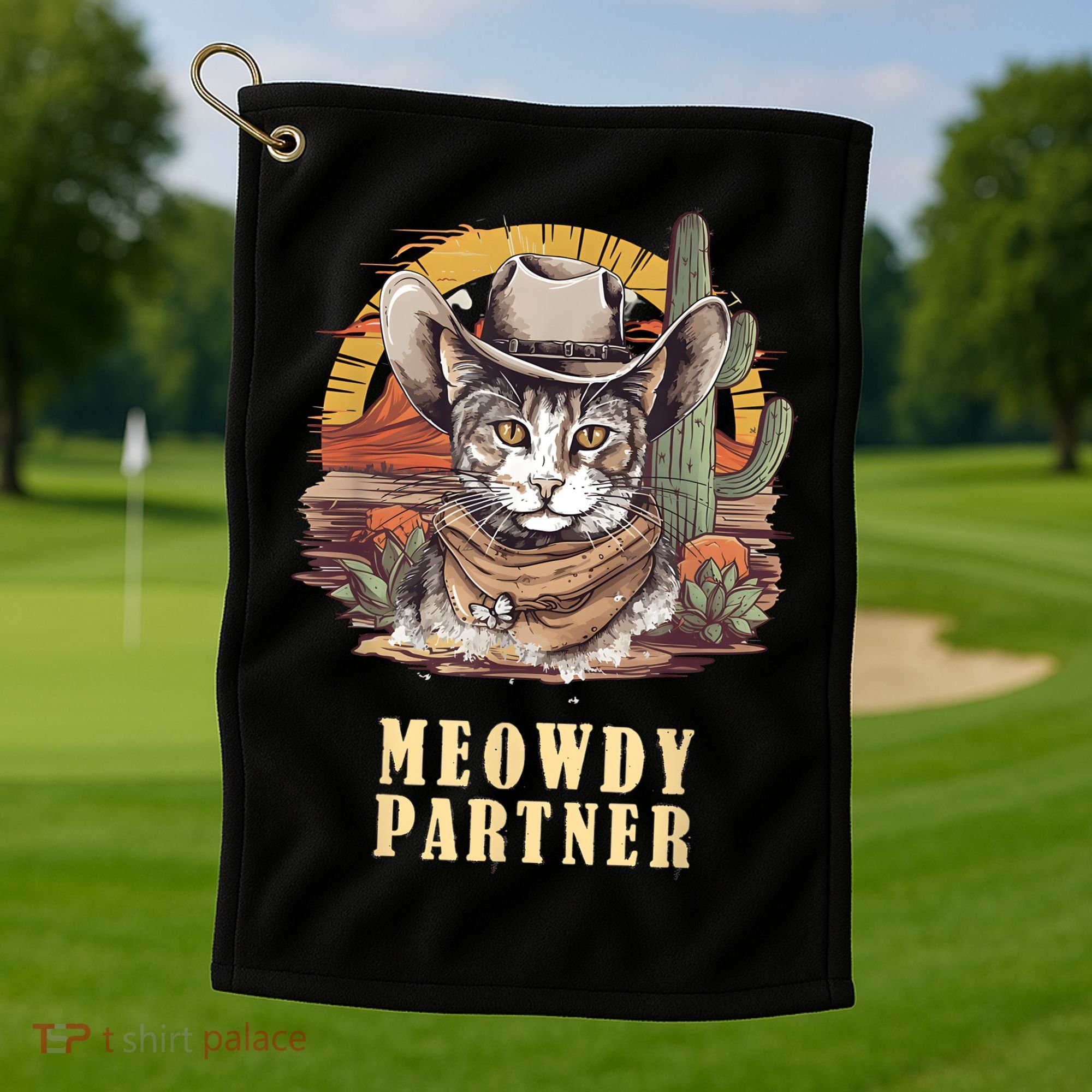 Meowdy Partner Cat Funny Howdy Meme Wild West Cowboy Hat Golf Towel