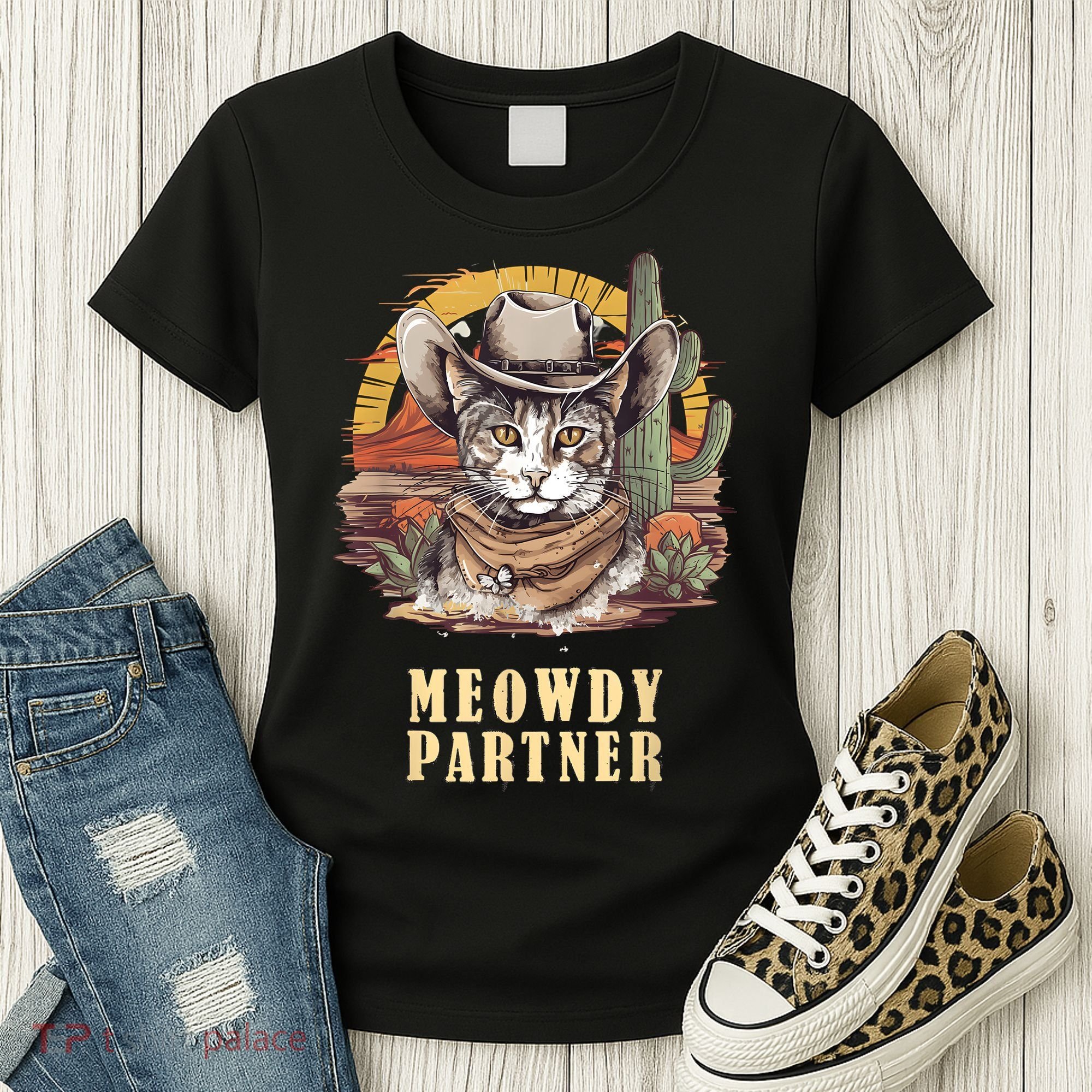 Meowdy Partner Cat Funny Howdy Meme Wild West Cowboy Hat Women's T-Shirt