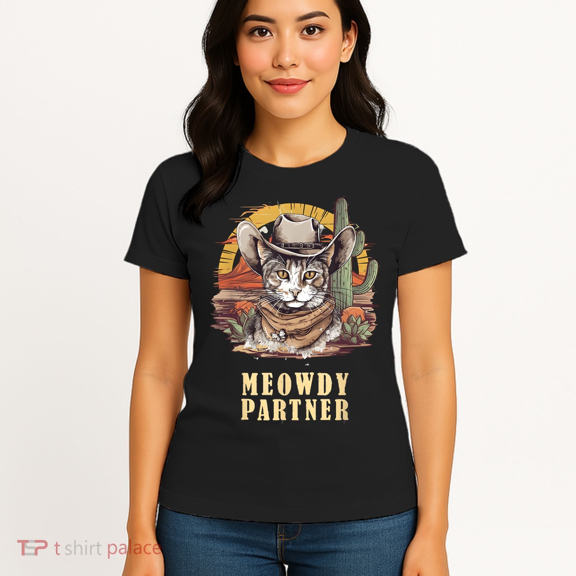 Meowdy Partner Cat Funny Howdy Meme Wild West Cowboy Hat Women's T-Shirt