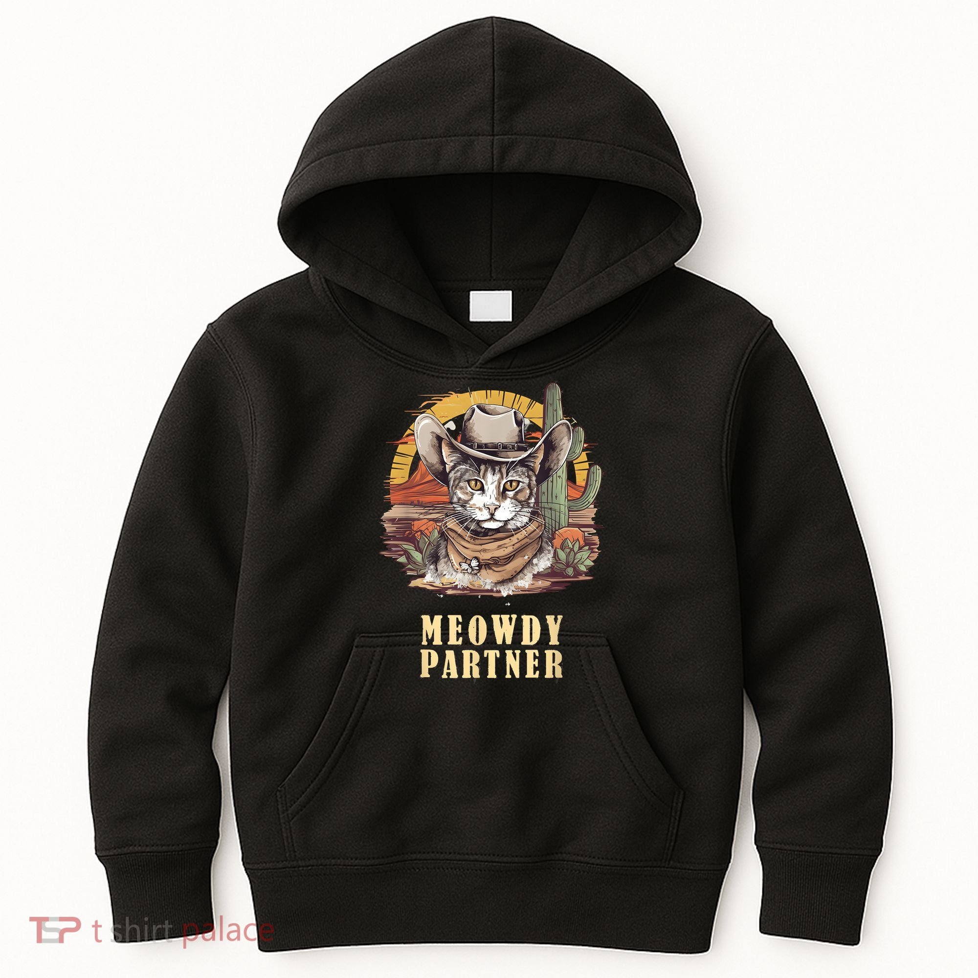 Meowdy Partner Cat Funny Howdy Meme Wild West Cowboy Hat Kids Hoodie