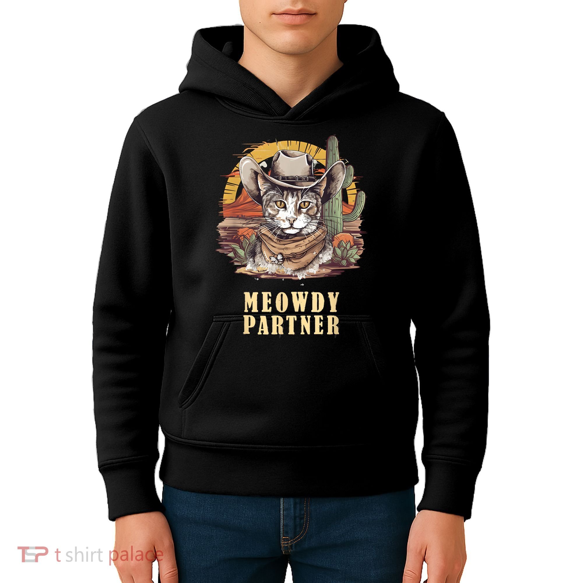 Meowdy Partner Cat Funny Howdy Meme Wild West Cowboy Hat Kids Hoodie