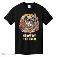 Meowdy Partner Cat Funny Howdy Meme Wild West Cowboy Hat Kids T-Shirt thumb 0