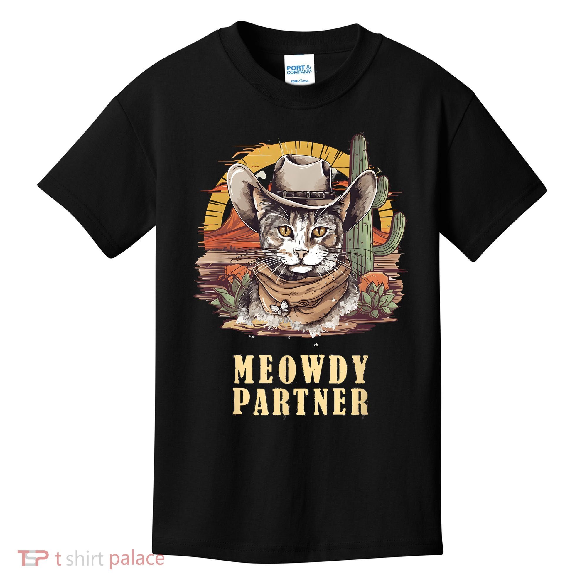 Meowdy Partner Cat Funny Howdy Meme Wild West Cowboy Hat Kids T-Shirt