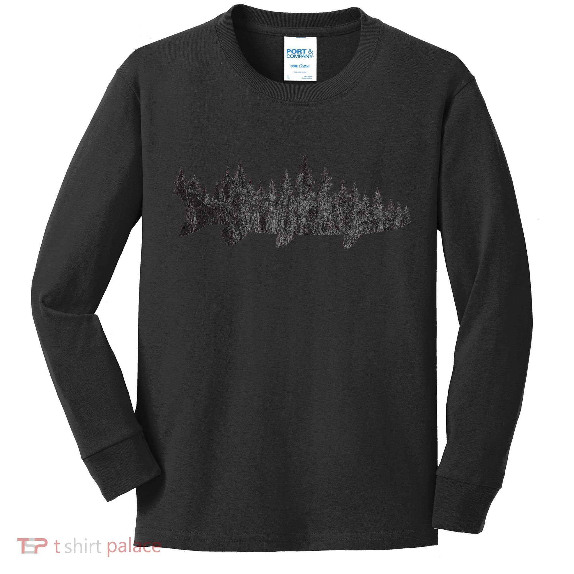 Musky Pine Forest Treeline Outdoor Fishing Angler Kids Long Sleeve Shirt