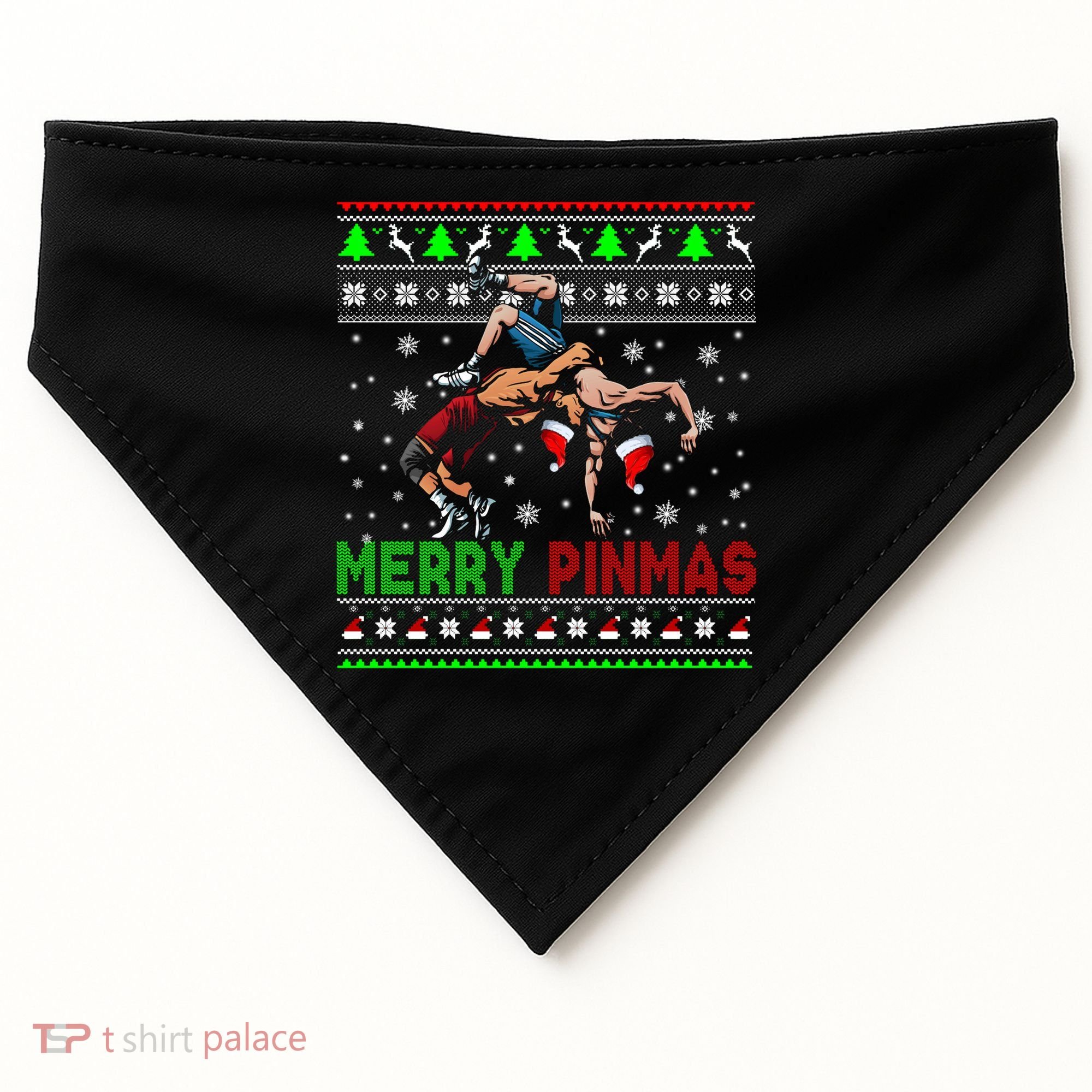 Merry Pinmas Funny Christmas Sweater Santa Wrestling Group USA-Made Doggie Bandana