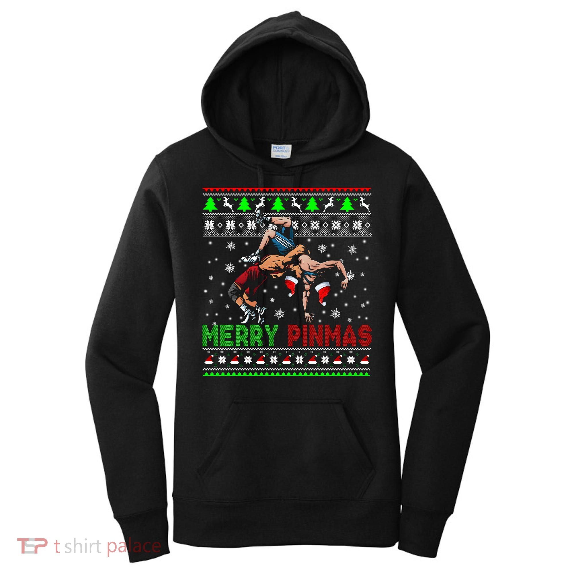 Merry Pinmas Funny Christmas Sweater Santa Wrestling Group Women's Hoodie
