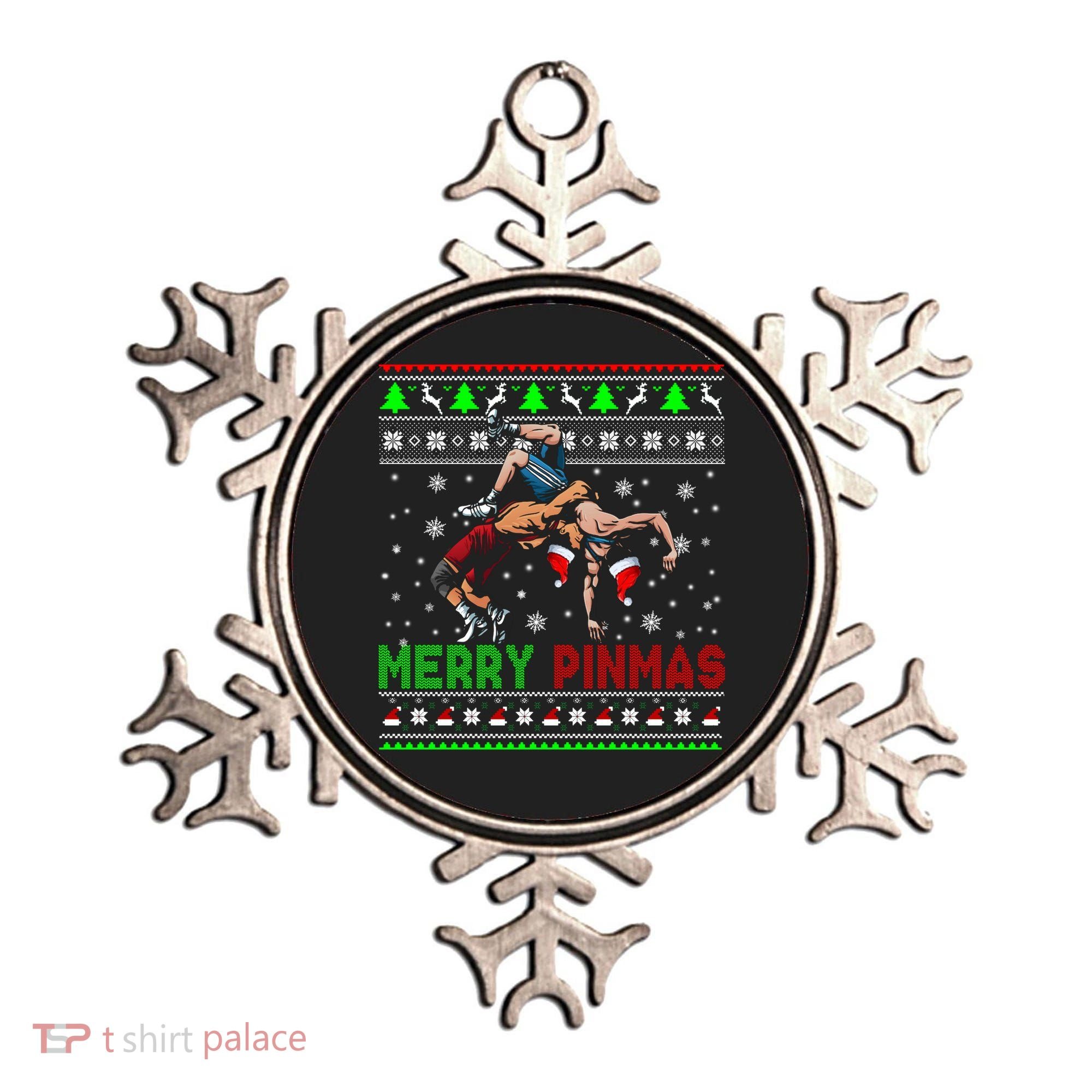 Merry Pinmas Funny Christmas Sweater Santa Wrestling Group Ornament