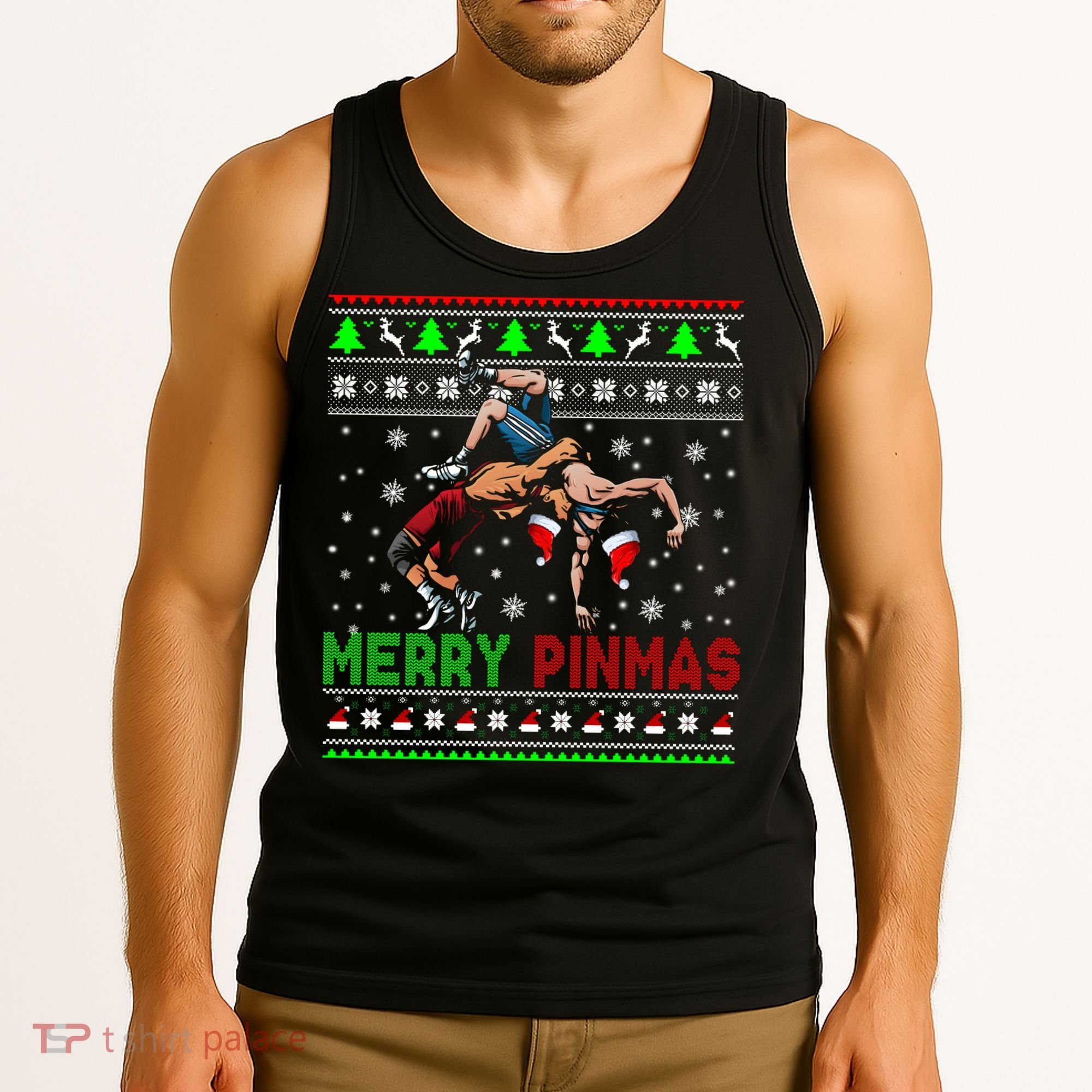 Merry Pinmas Funny Christmas Sweater Santa Wrestling Group Tank Top