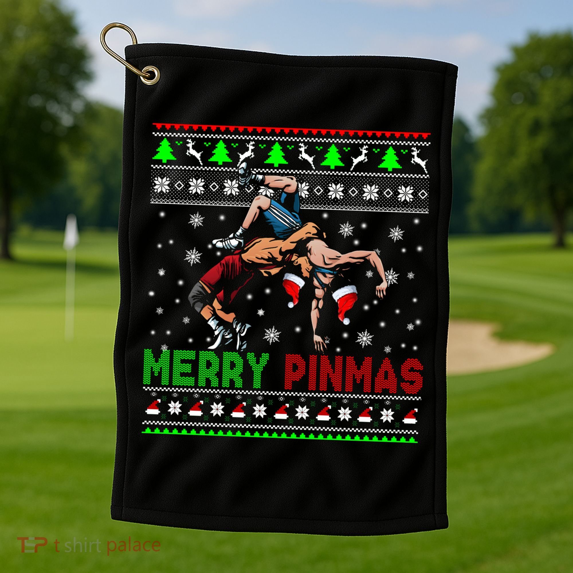 Merry Pinmas Funny Christmas Sweater Santa Wrestling Group Golf Towel