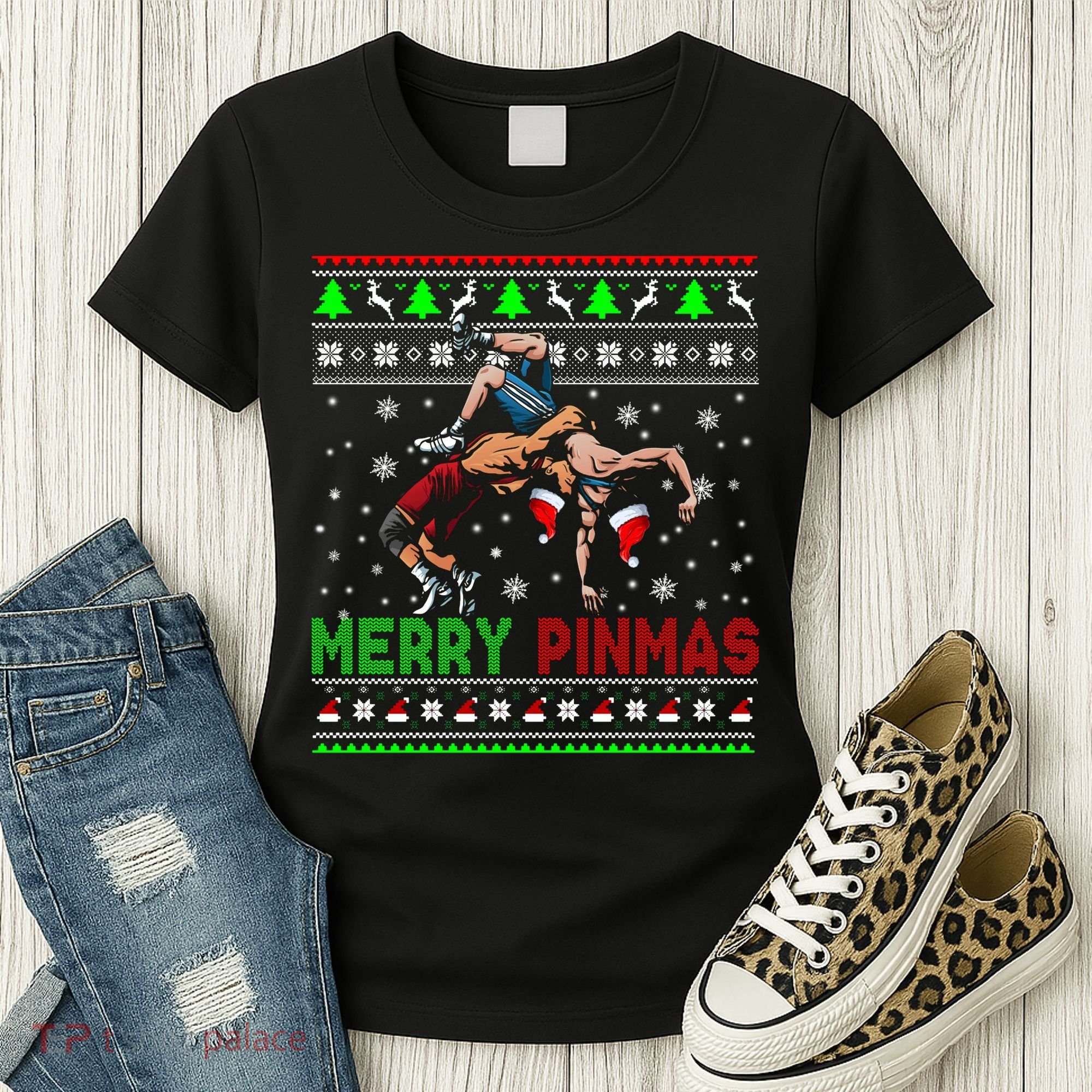 Merry Pinmas Funny Christmas Sweater Santa Wrestling Group Women's T-Shirt