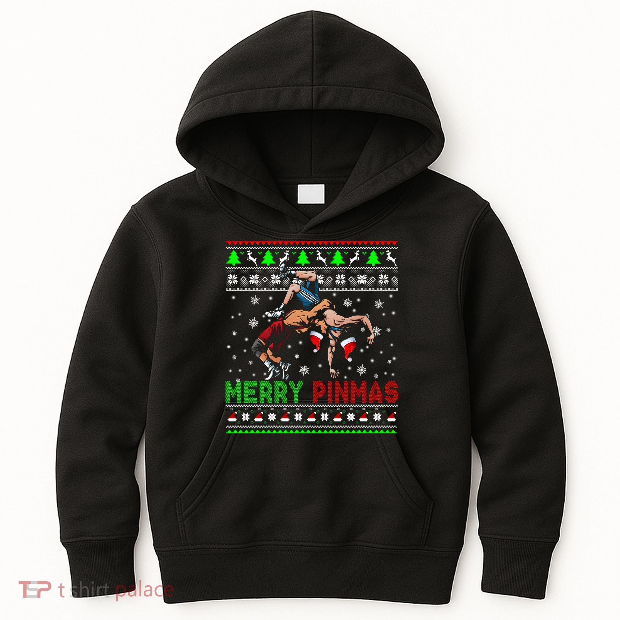 Merry Pinmas Funny Christmas Sweater Santa Wrestling Group Kids Hoodie