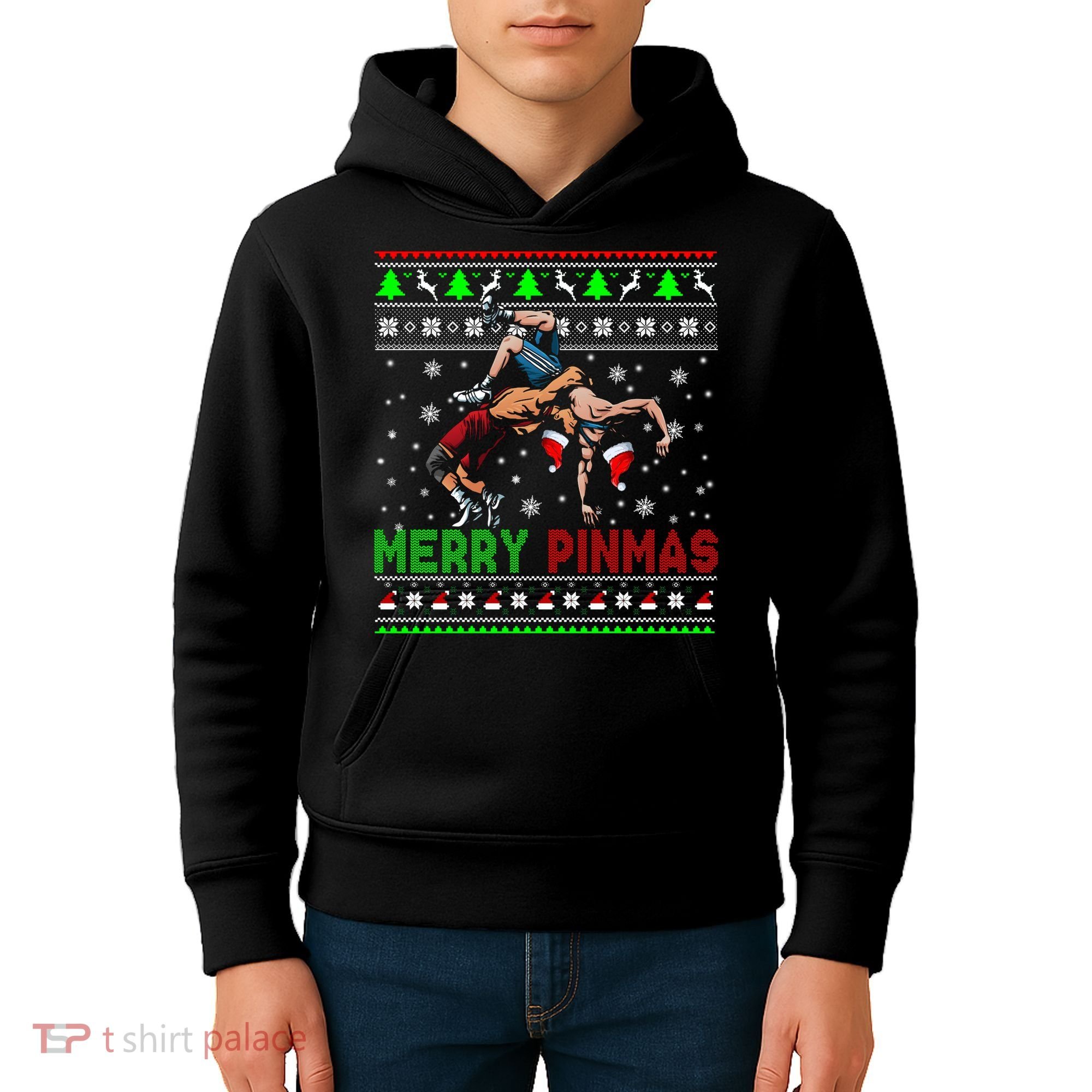 Merry Pinmas Funny Christmas Sweater Santa Wrestling Group Kids Hoodie