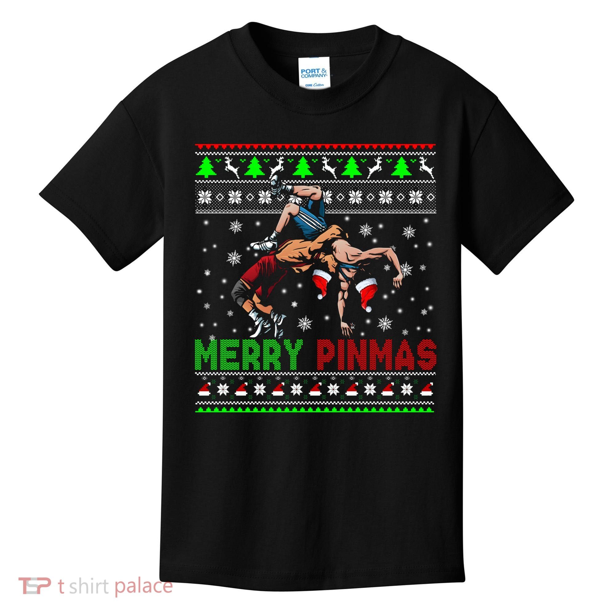 Merry Pinmas Funny Christmas Sweater Santa Wrestling Group Kids T-Shirt