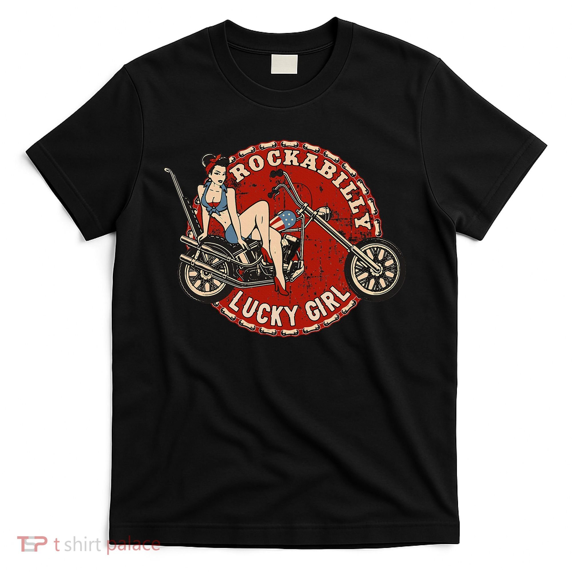 Motorcycle Pinup Girl Old School Rockabilly Lucky Girl T-Shirt